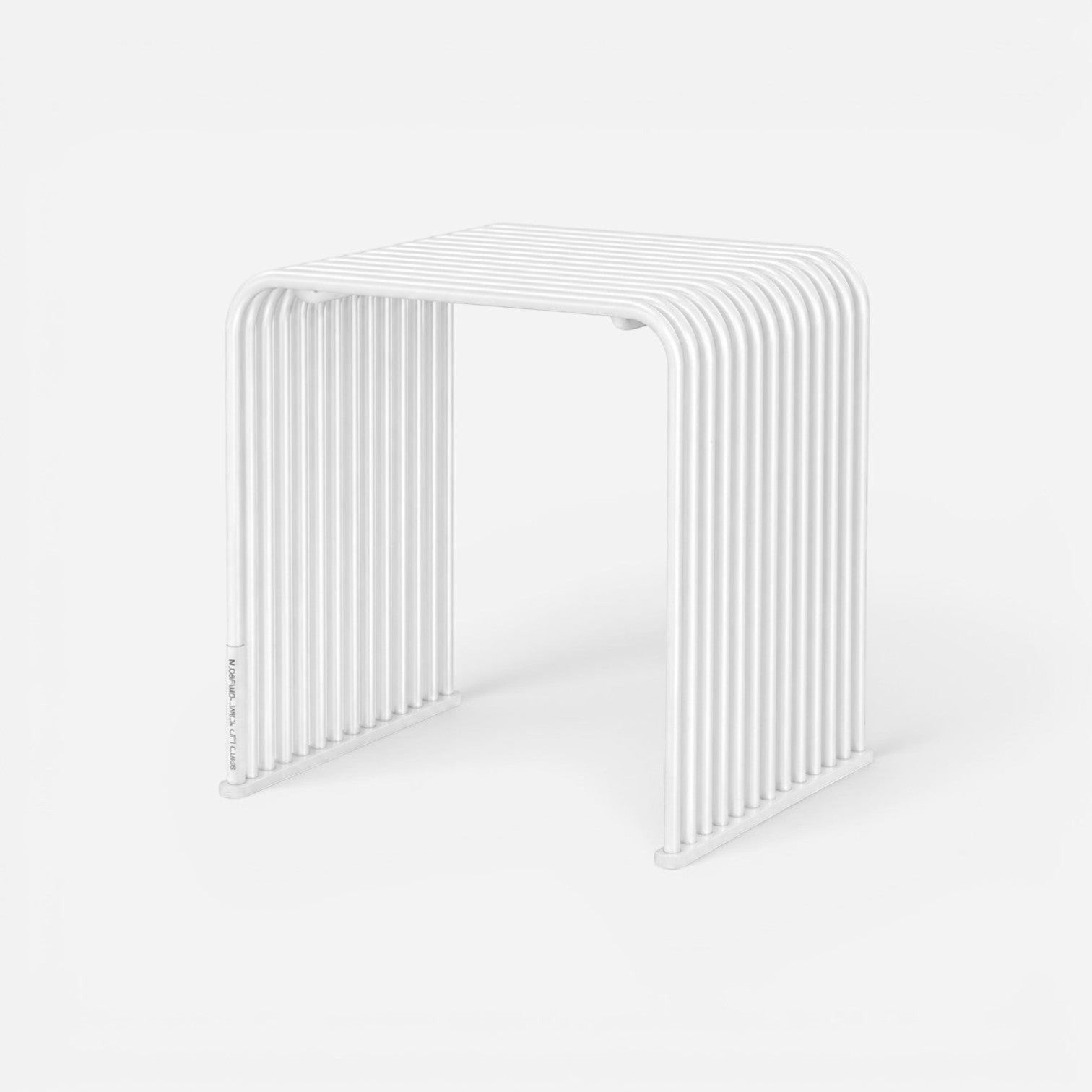 Addo Shop .015 Cube white minimalist side table made of parallel metal rods with a modern architectural design.