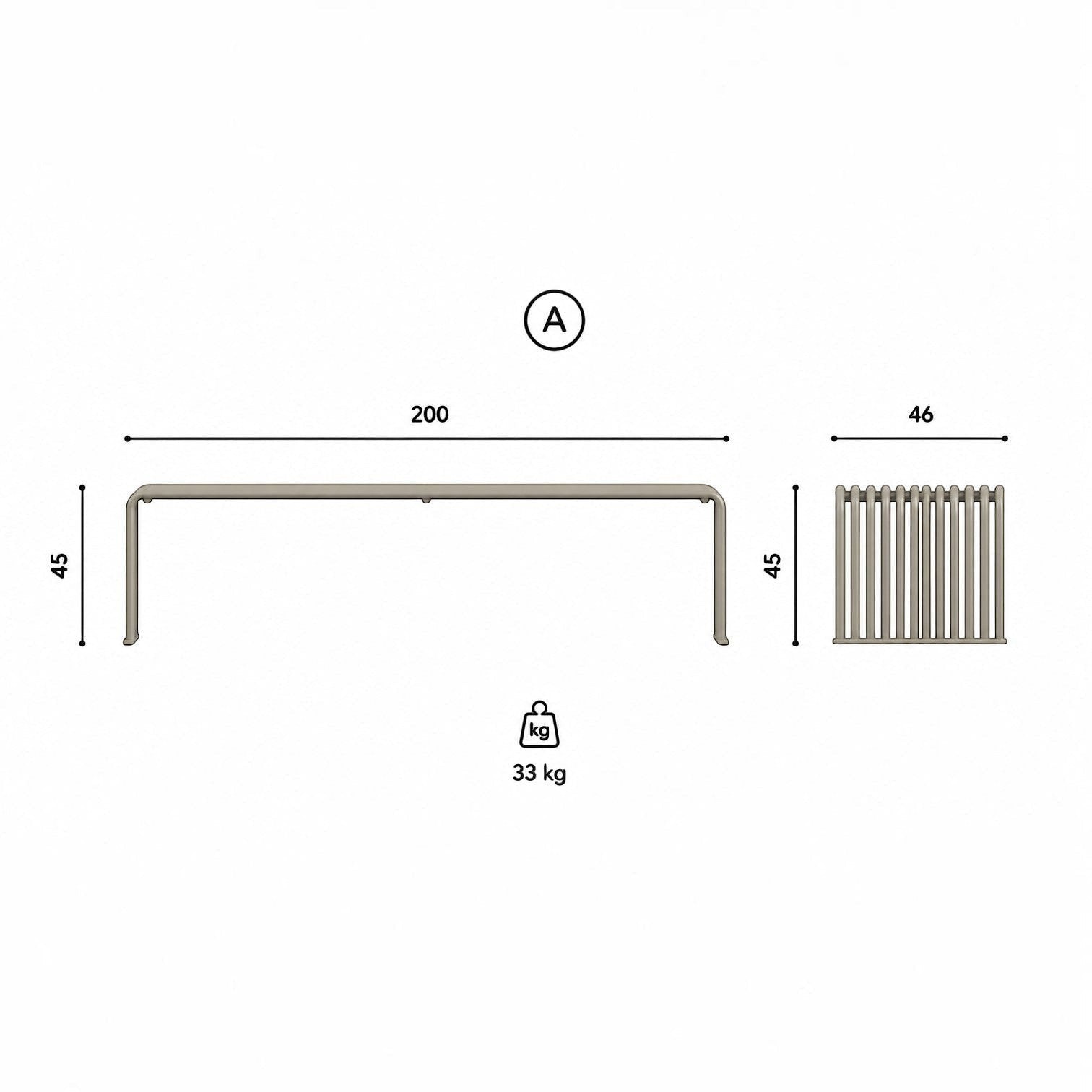 Addo Shop .015 Flat Bench in beige with technical dimensions showing 200cm length and 45cm height.