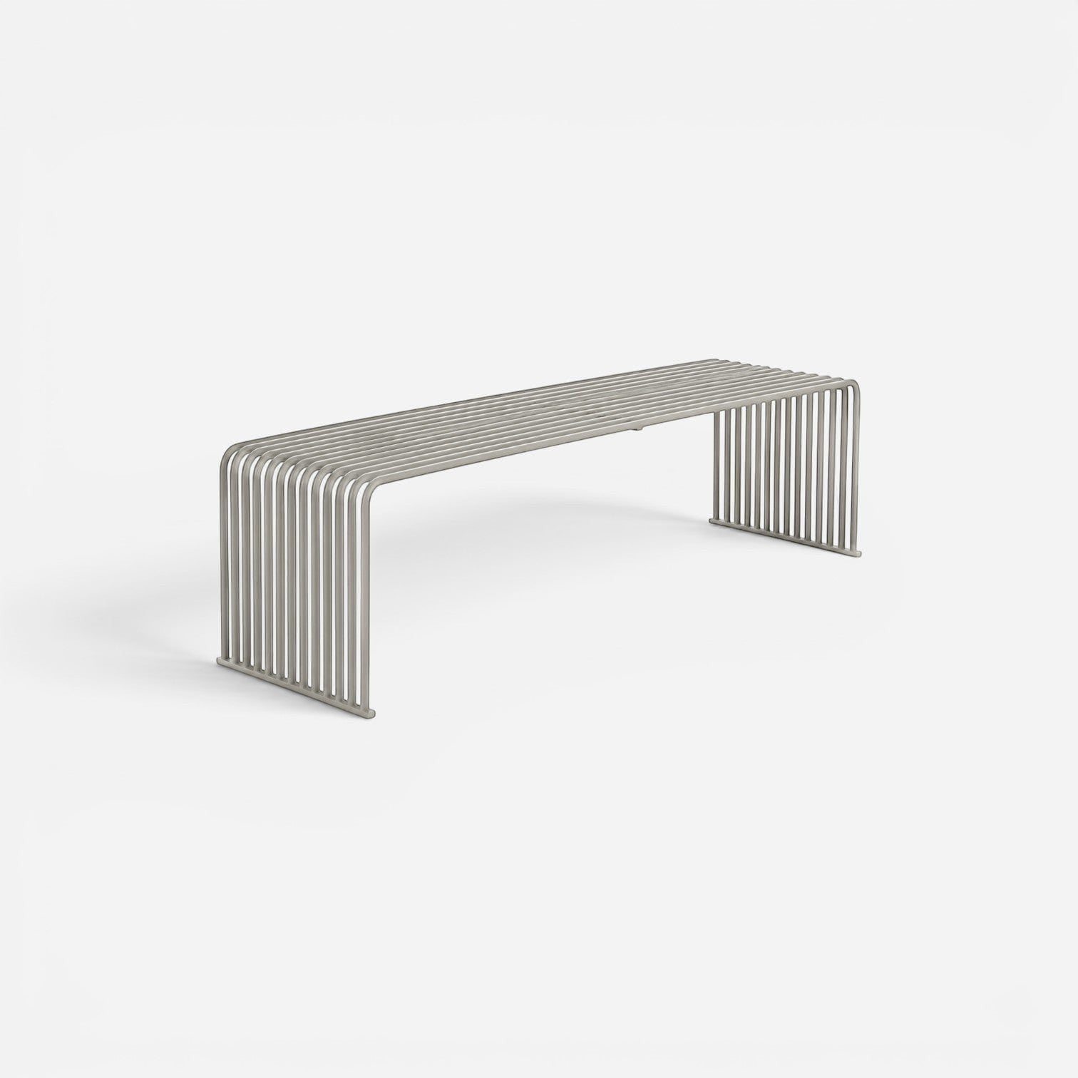 Addo Shop .015 Flat Bench featuring a modern minimalist design with vertical grey metal slats in a continuous loop.