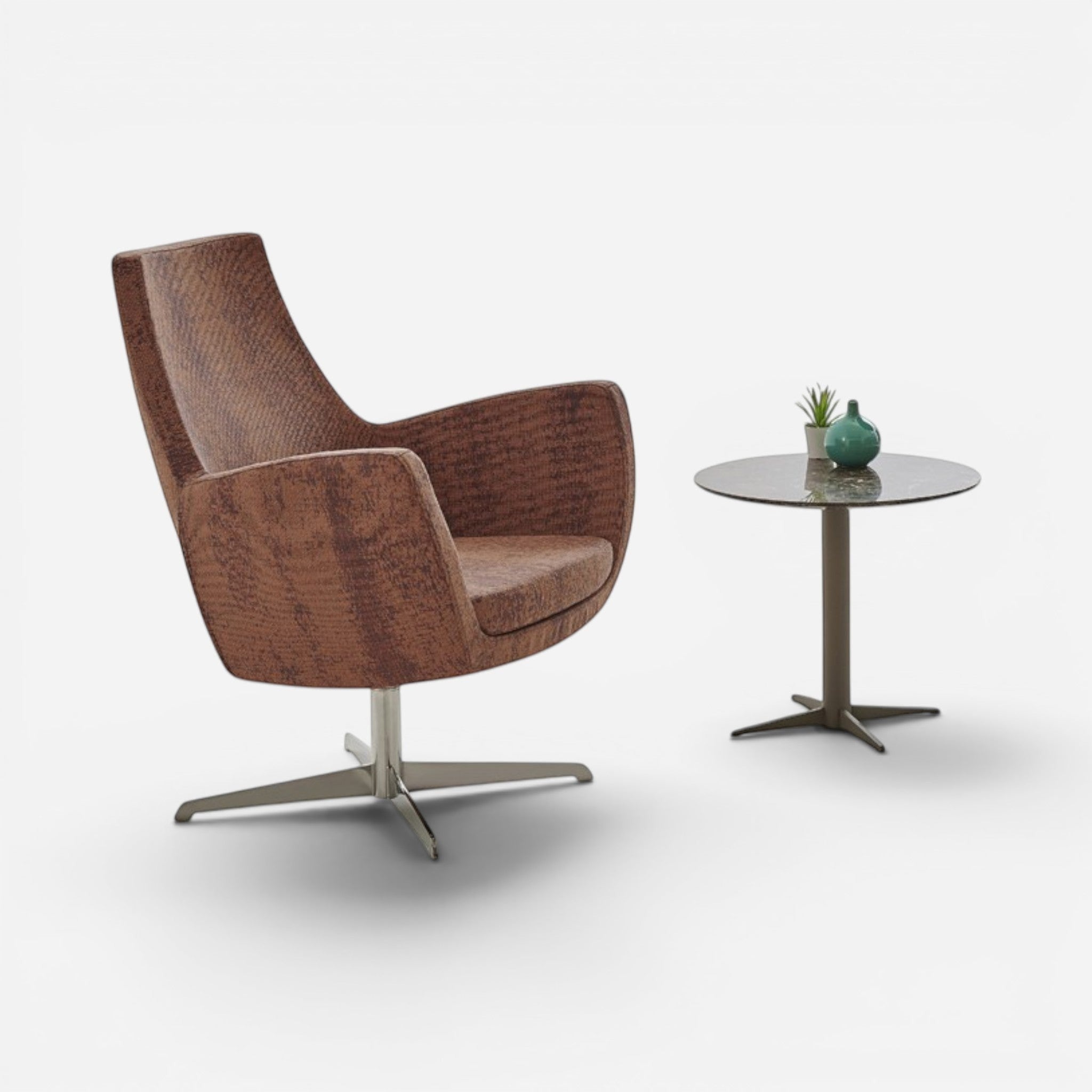 Addo Shop Affari M brown faux leather lounge chair with chrome base and swivel mechanism