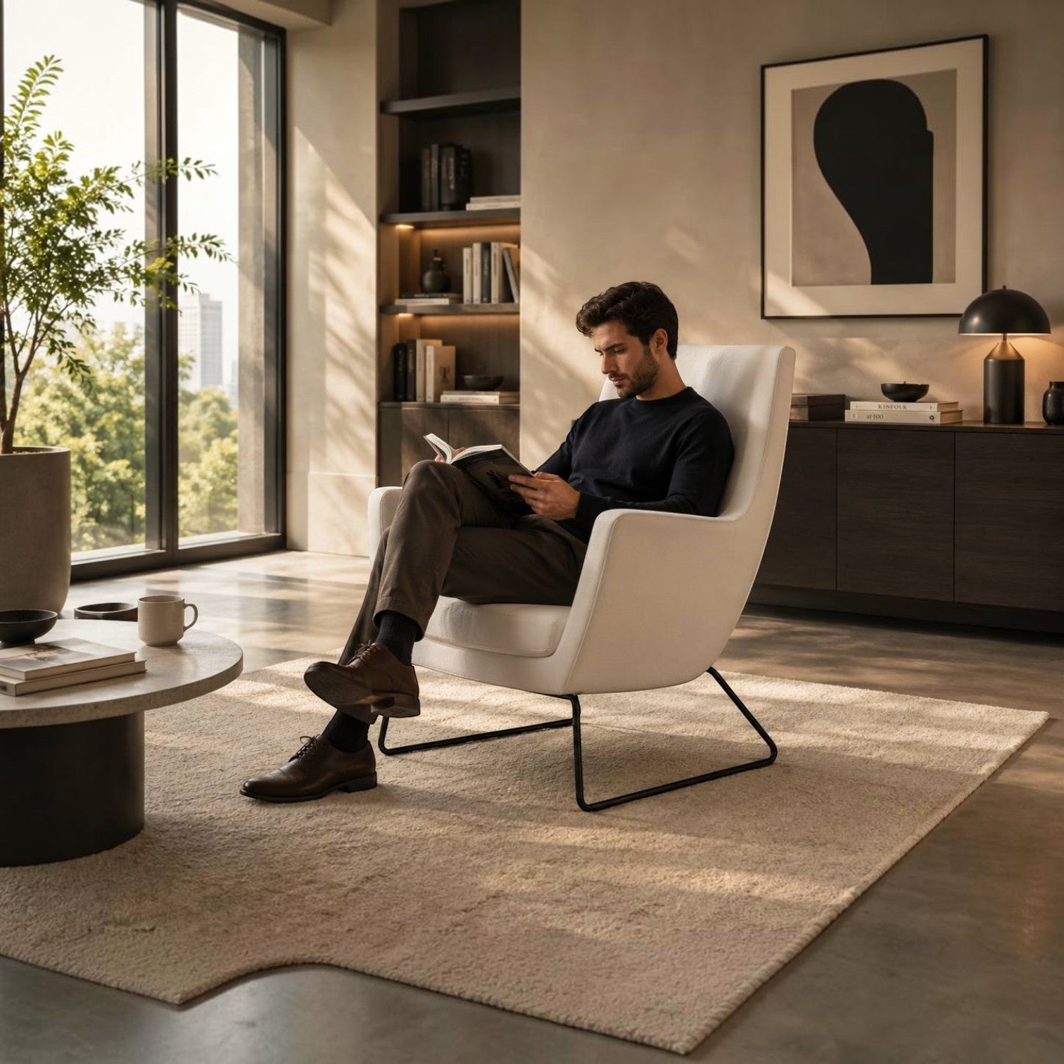 Addo Shop Affari M lounge chair in white upholstery with a black steel sled base, occupied by a man reading a book.