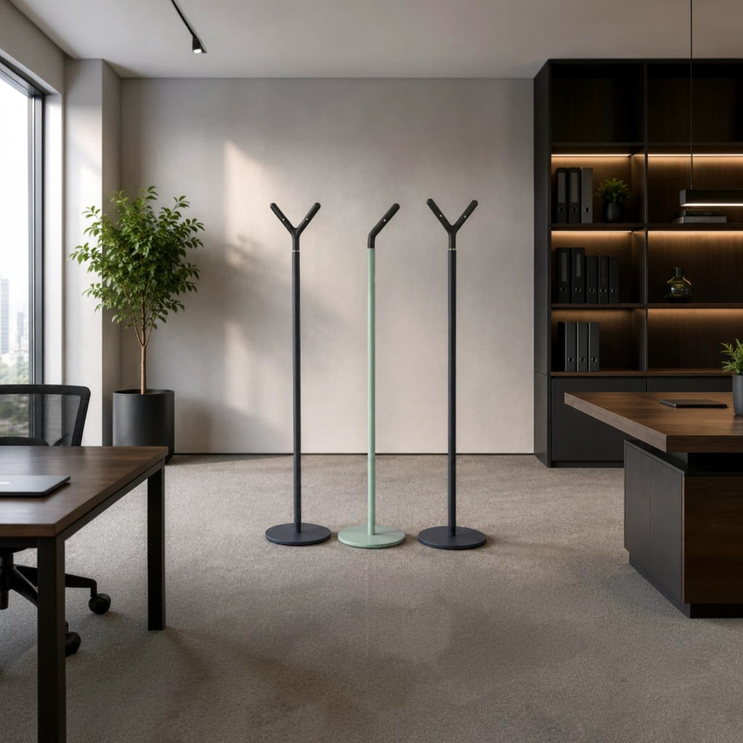 Addo Shop Alfred Coat Stand trio set featuring two dark grey and one mint green minimalist metal floor racks.