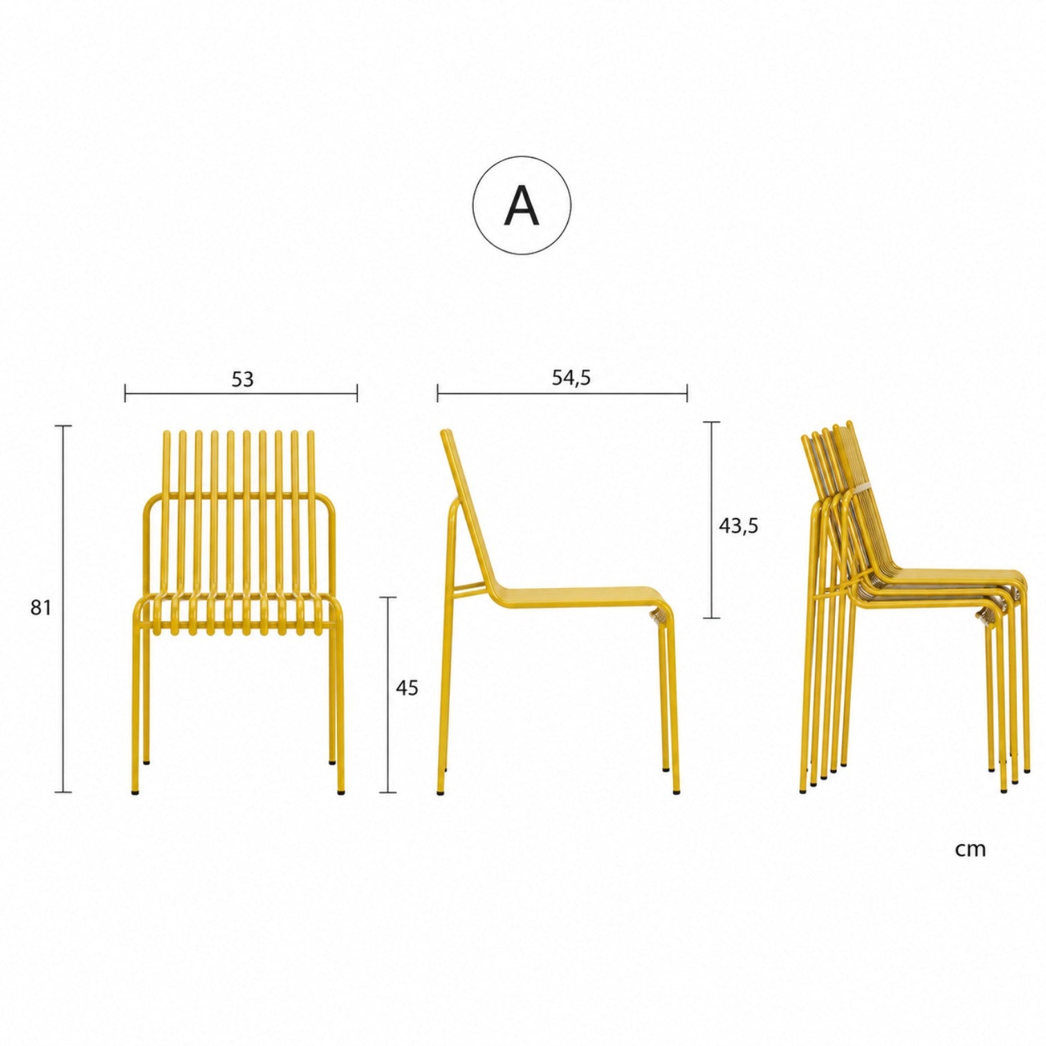 Addo Shop Zeroquindici .015 Amalfi yellow metal dining chair without arms showing dimensions and stackable design