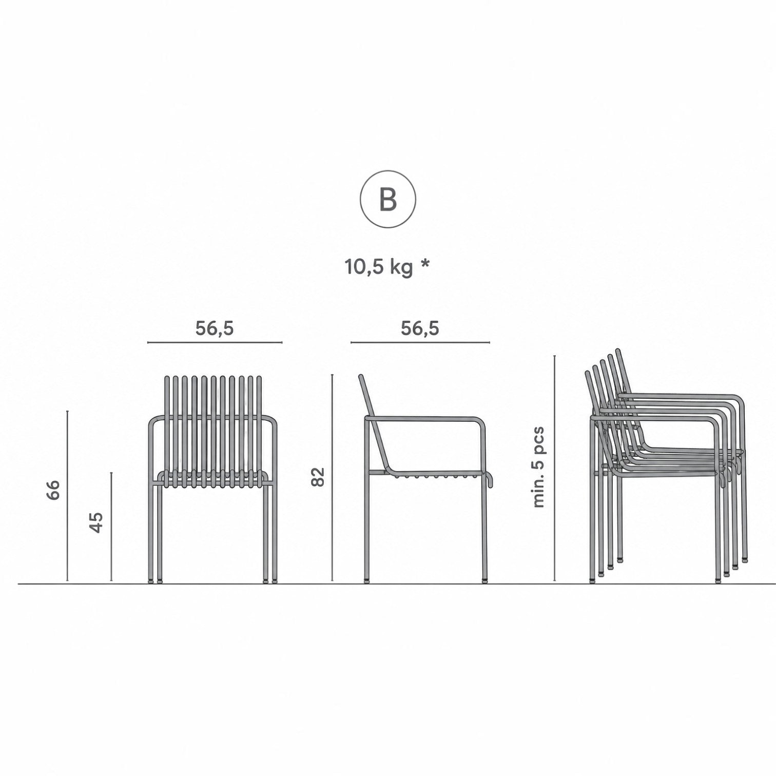 Technical drawing of the Addo Shop Zeroquindici .015 Amalfi chair with arms showing dimensions and stacking feature.