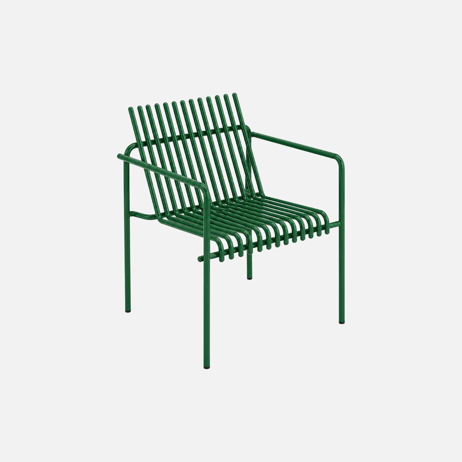 Addo Shop Zeroquindici .015 Amalfi lounge chair in dark green powder-coated metal with a slatted minimalist design.