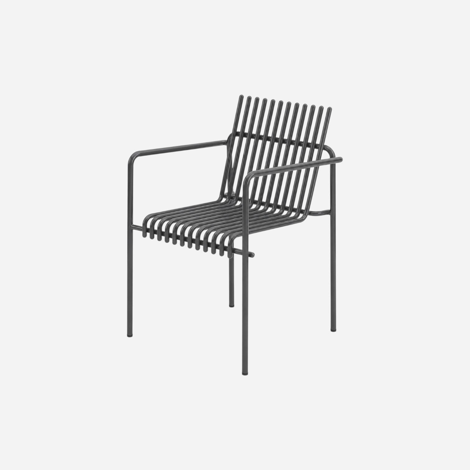 Addo Shop Zeroquindici .015 Amalfi chair with arms in dark grey metal with a slatted design for modern outdoor seating.