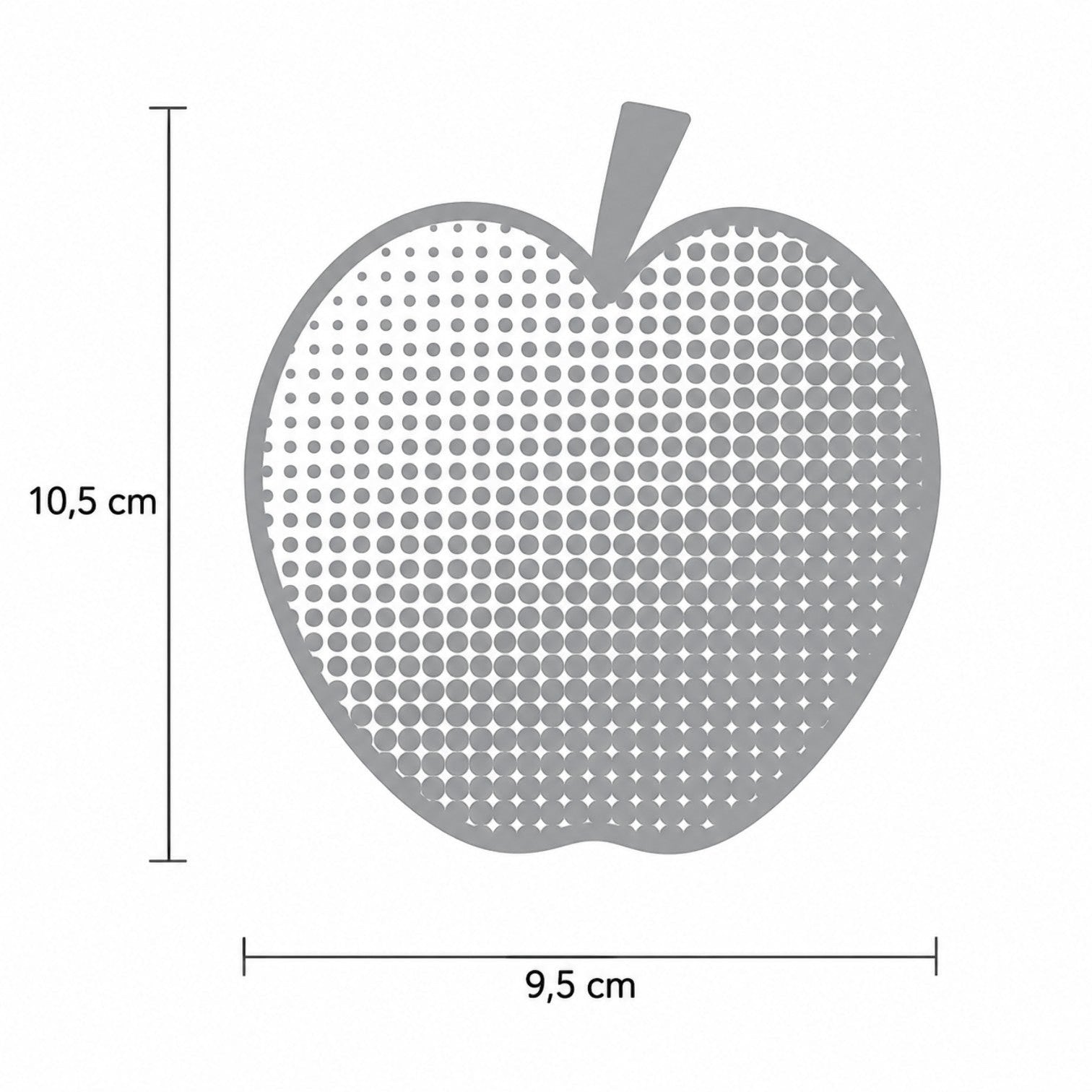 Addo Shop apple-shaped graphics label with a grey halftone dot pattern, measuring 10.5 cm by 9.5 cm.