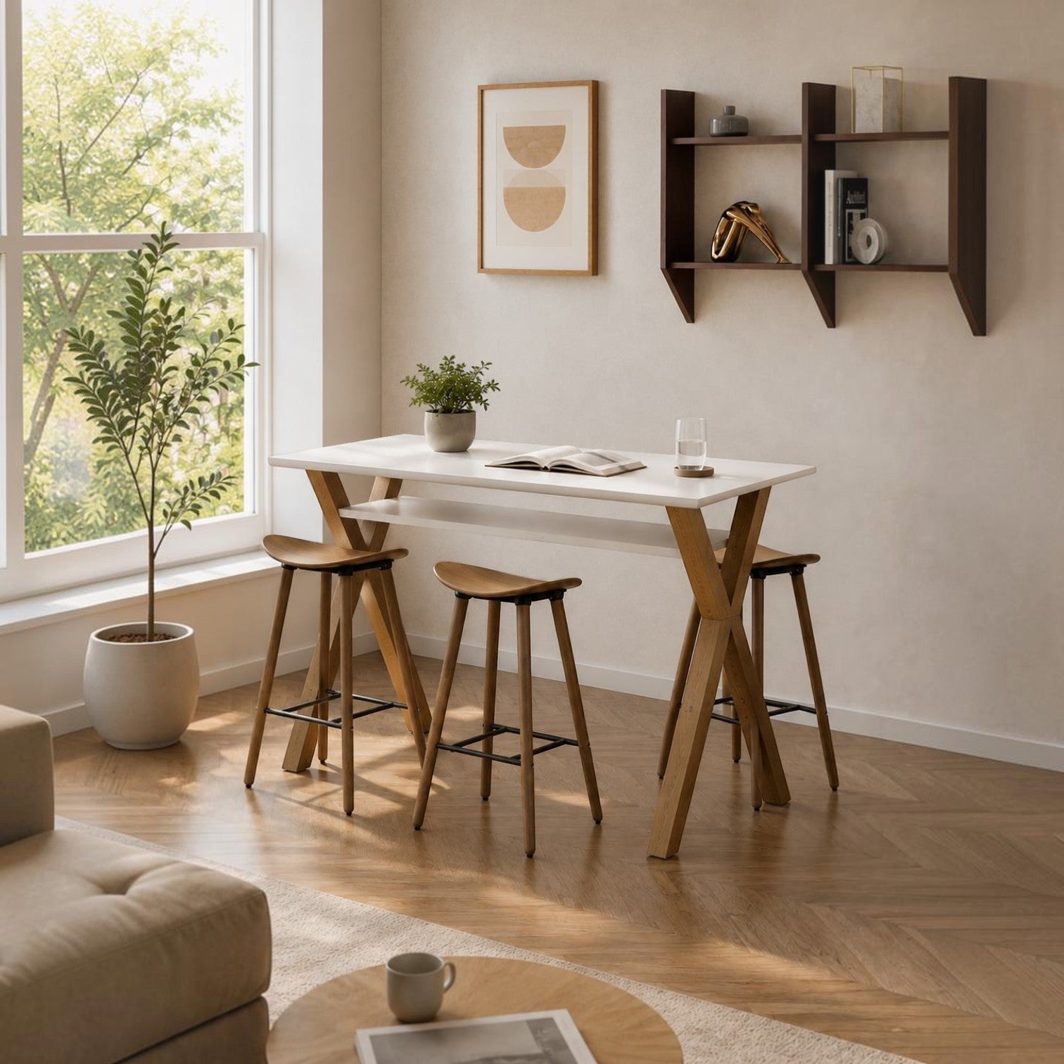 Addo Shop Arcano high desk with white laminated top and solid wooden legs, paired with three matching wooden bar stools.
