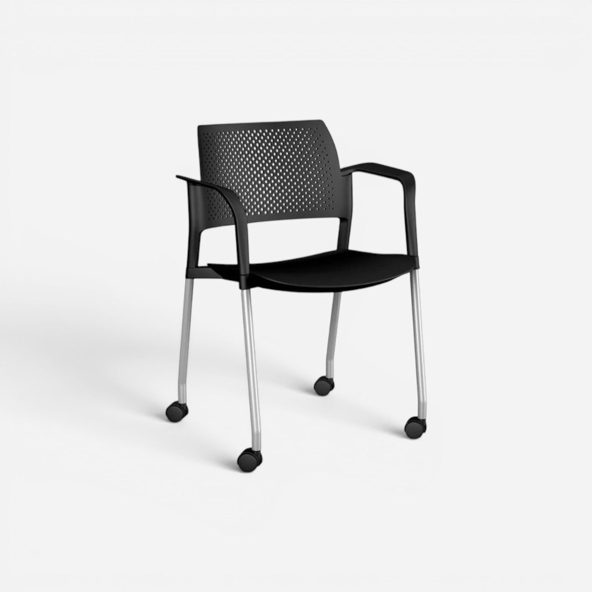 Addo Shop black plastic guest chair with silver U-shaped legs, armrests, and casters. Perforated back.