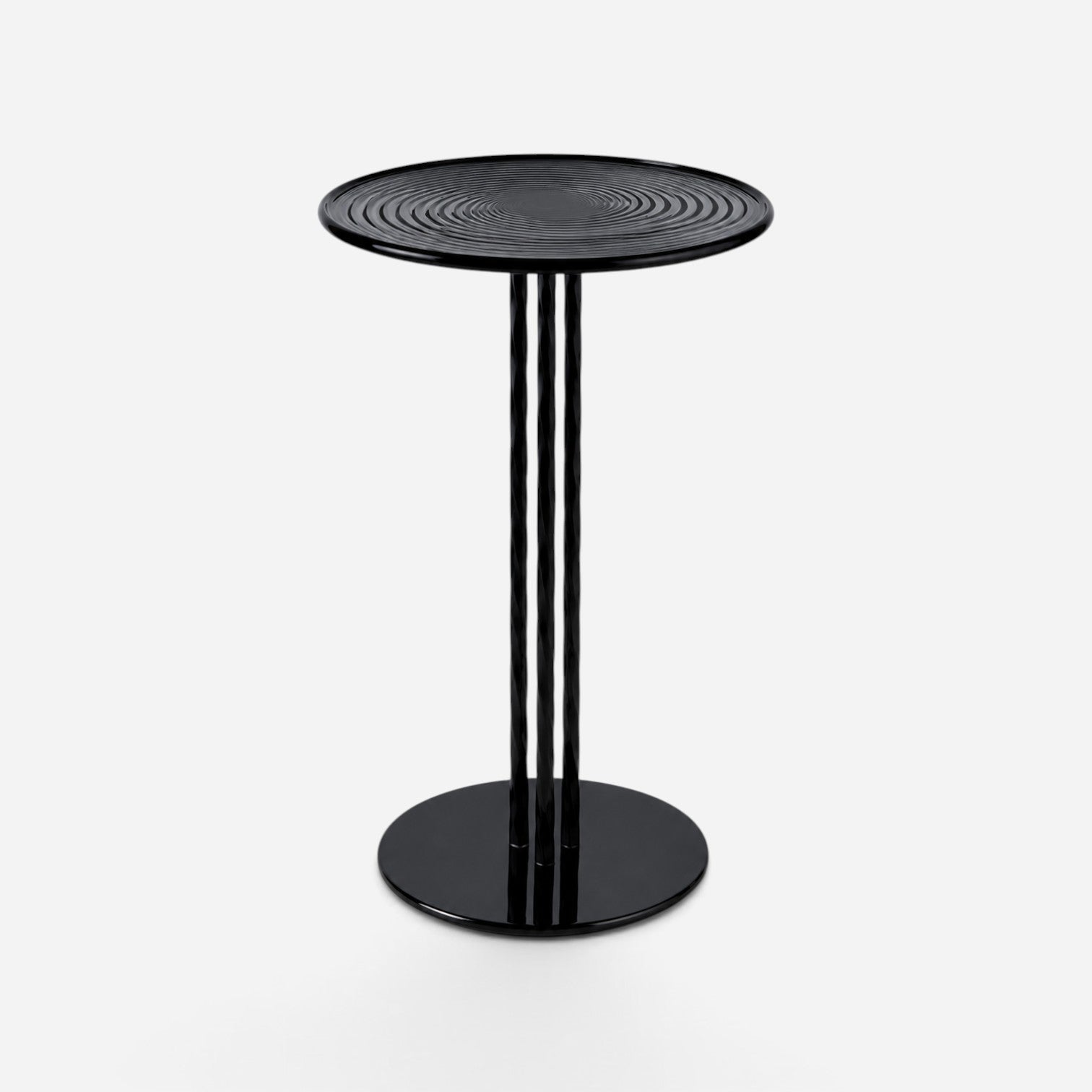 Addo Shop black round side table with a spiral textured top and three slender twisted legs on a circular base
