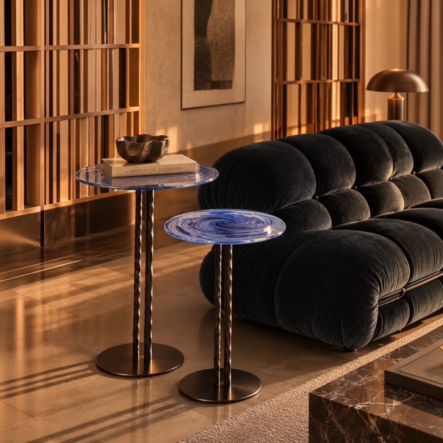 Addo Shop set of two modern side tables with blue swirling glass tops and textured bronze metal pedestals