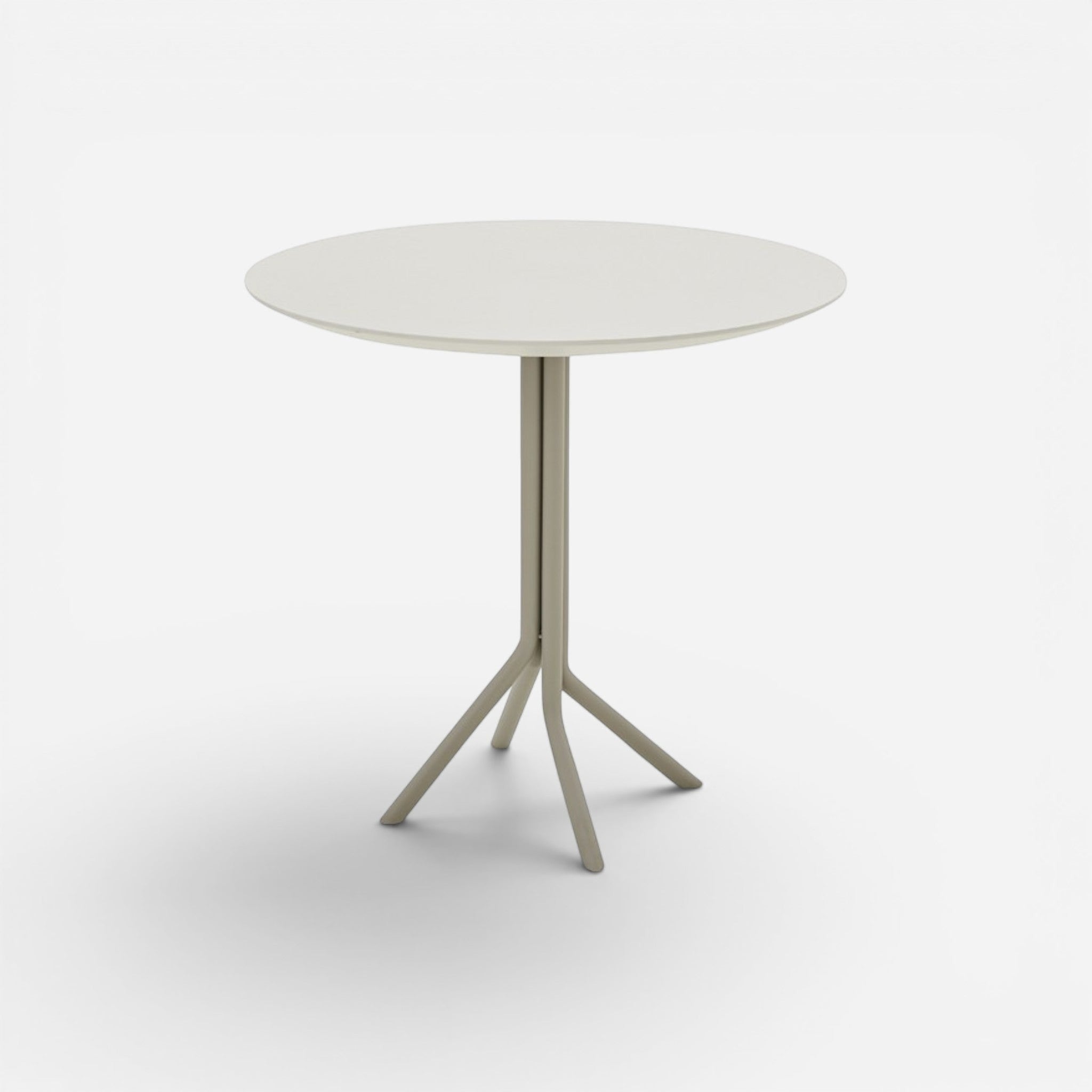 Addo Shop Bob round cafe table with a light grey laminate top and a taupe metal base with three legs.
