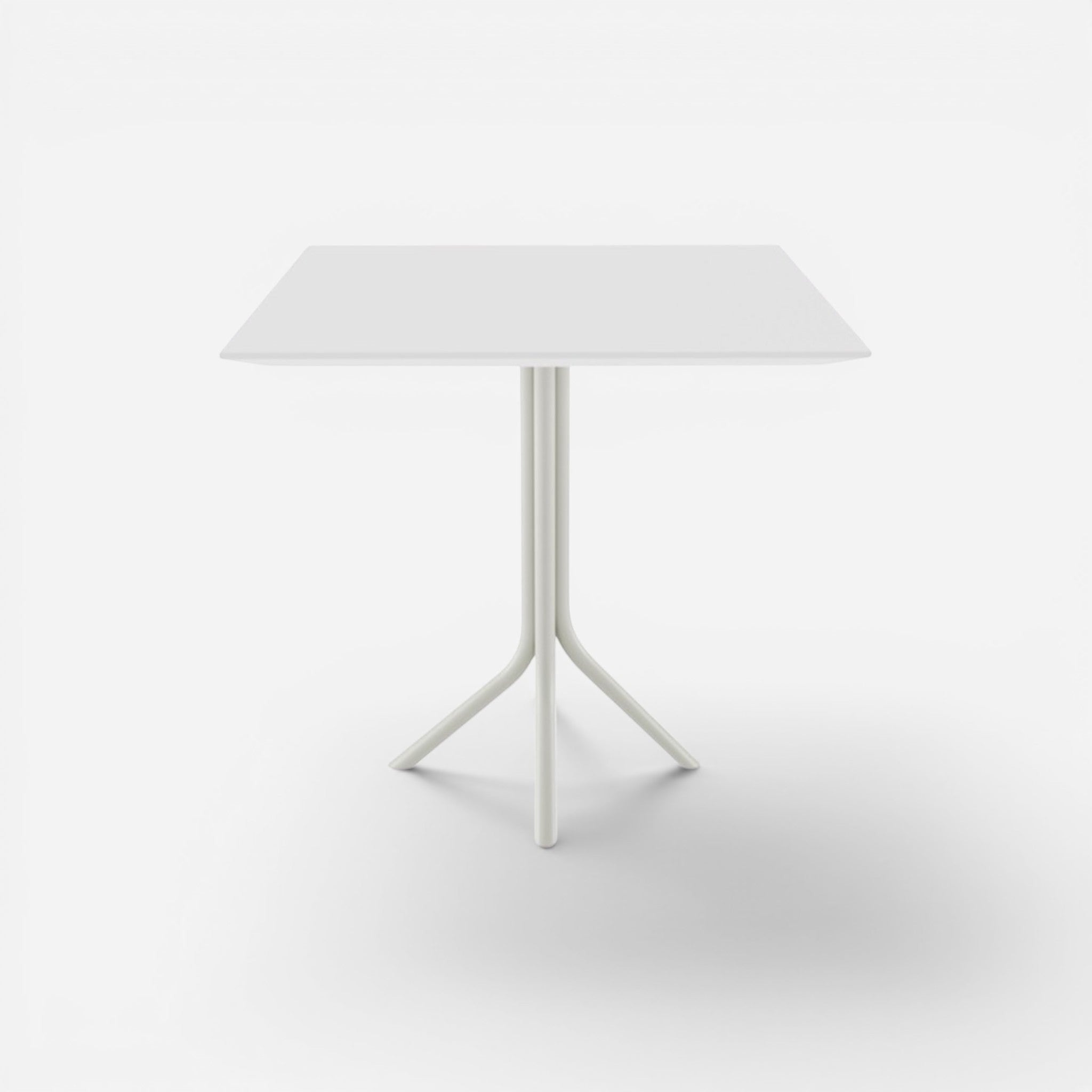 Addo Shop Bob square white laminate top table with a light grey metal base and four legs.