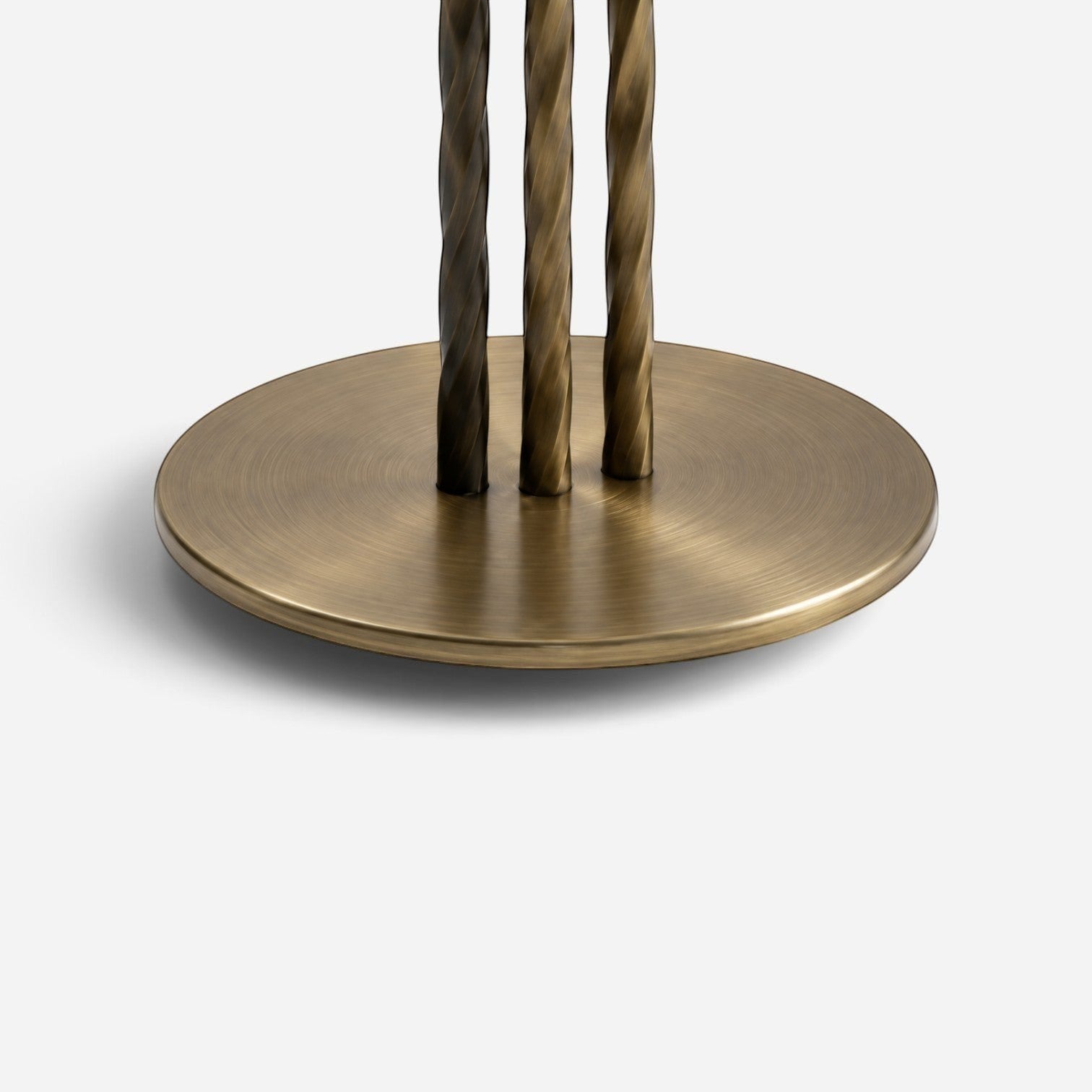Addo Shop antique brass circular base with three decorative twisted metal support rods