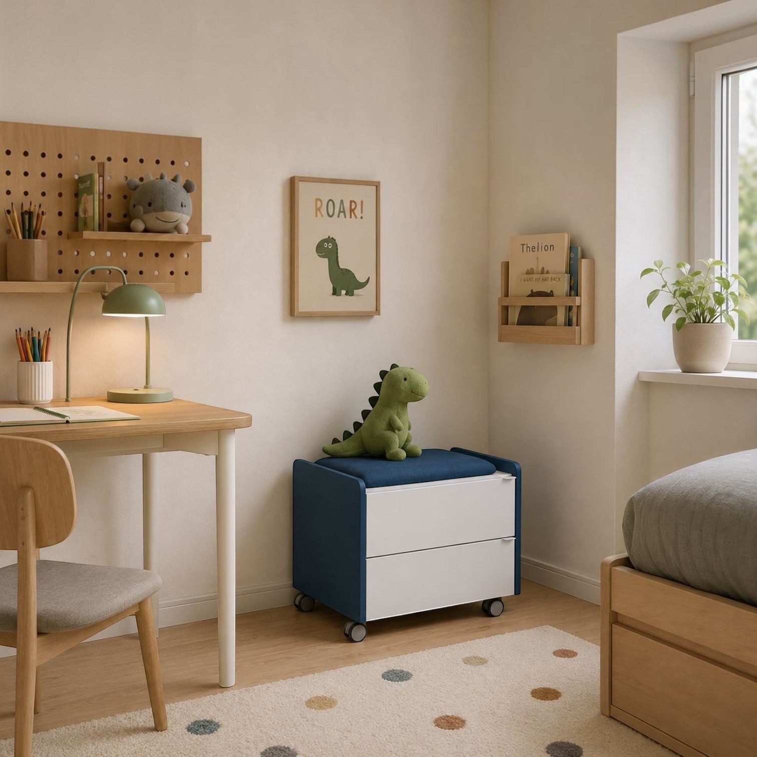 Addo Shop Bridge mobile pedestal with two white drawers, blue frame, and cushioned seat in a modern child's room.