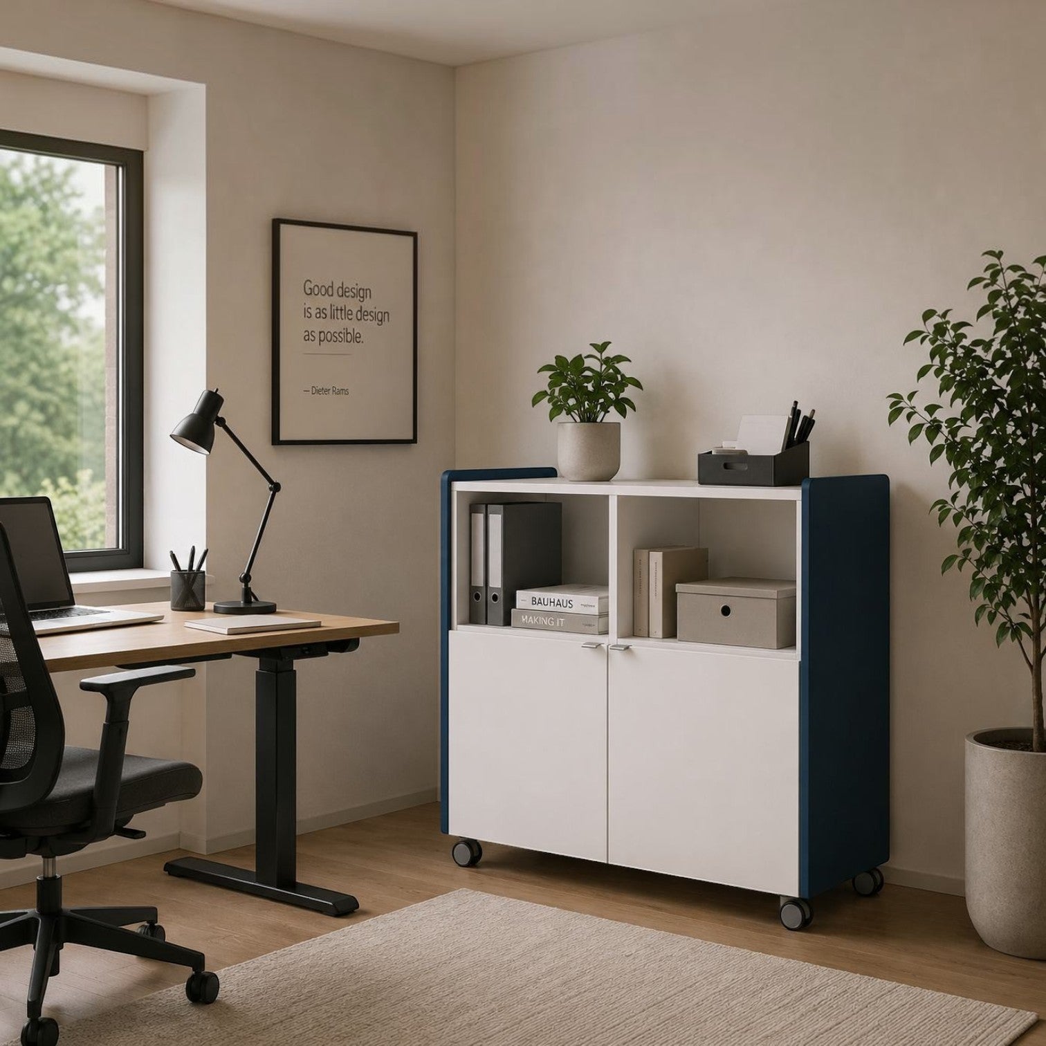 Addo Shop Bridge mobile storage unit with white doors, open shelves, and a blue frame in a modern home office.