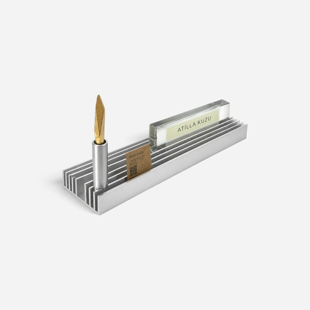 Addo Shop DESKTOP brushed aluminum desk organizer with a pen holder and card slot on a white background.