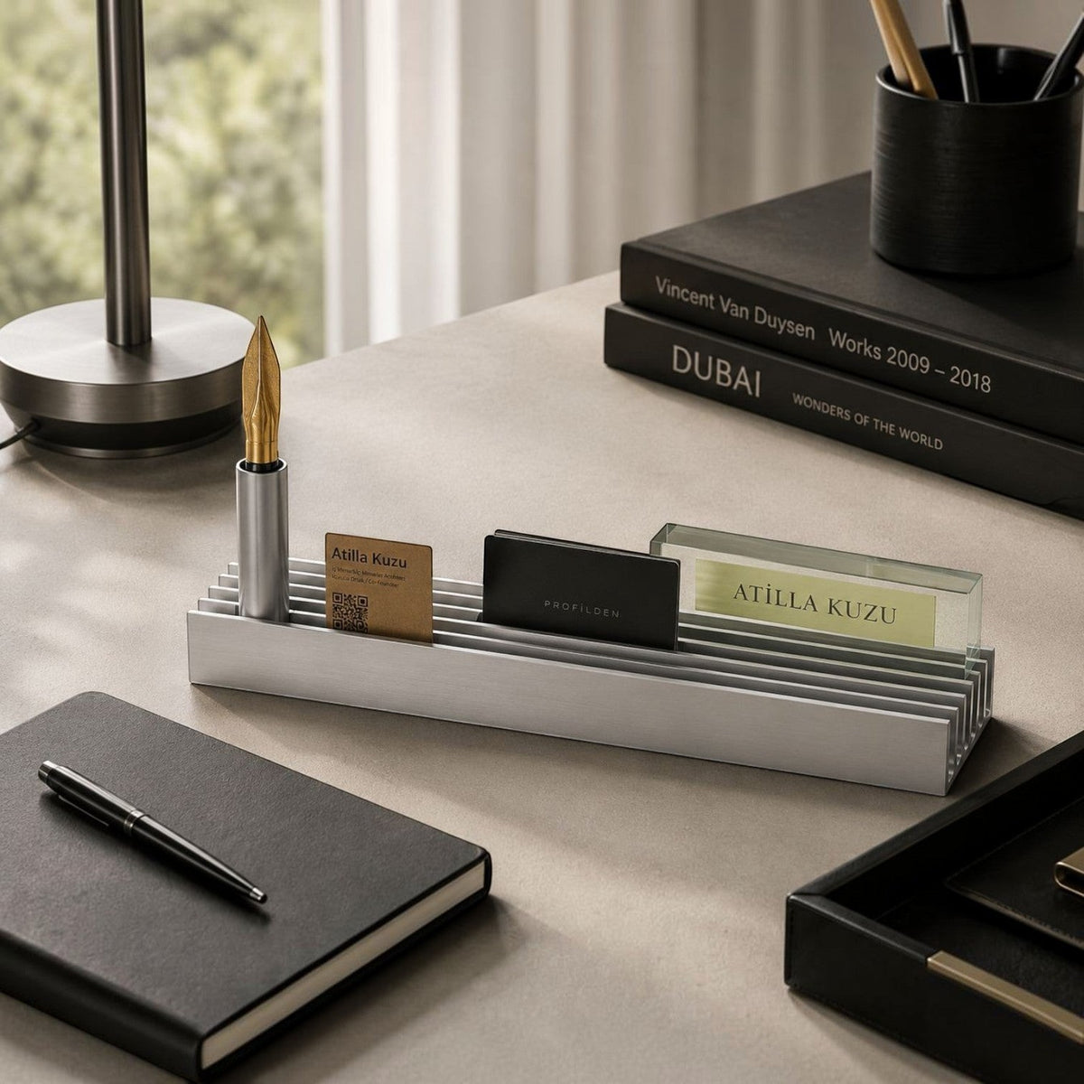 Addo Shop DESKTOP brushed aluminum desk organizer holding pens and business cards on a modern office desk