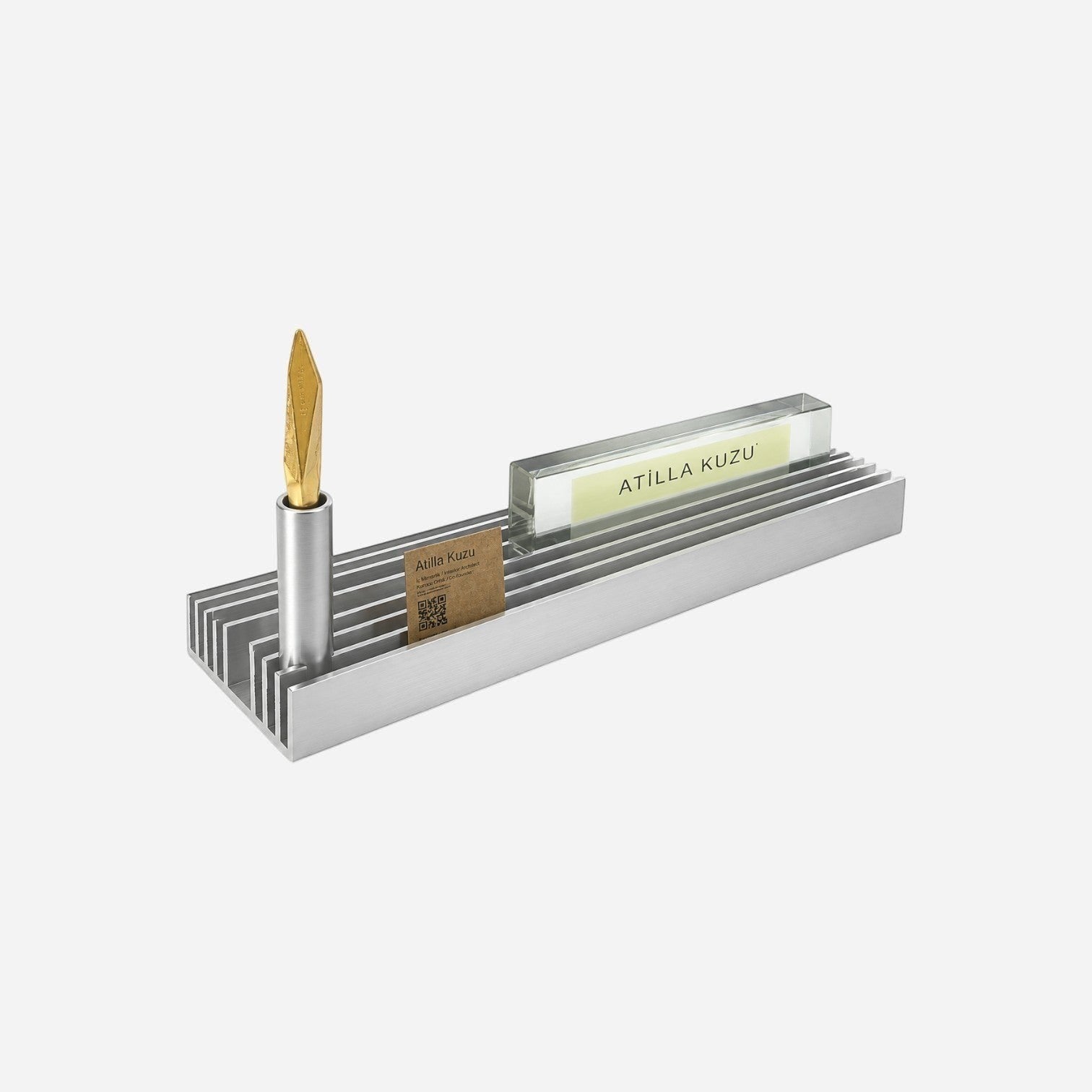 Addo Shop silver brushed aluminum desktop organizer with a gold pen holder, business card slot, and nameplate display.