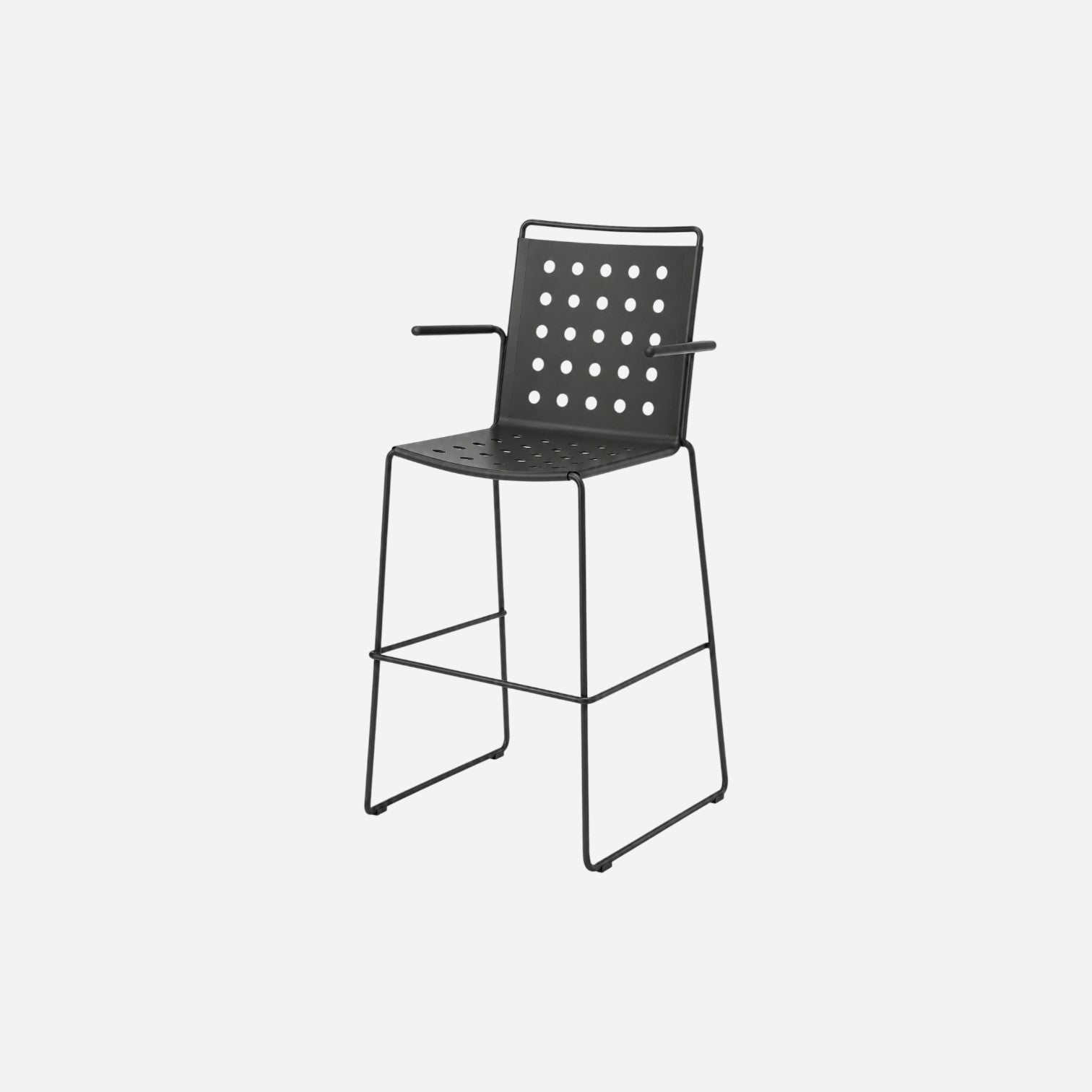 Addo Shop BUSY stool with arms in matte black metal featuring a perforated backrest and seat for modern decor.