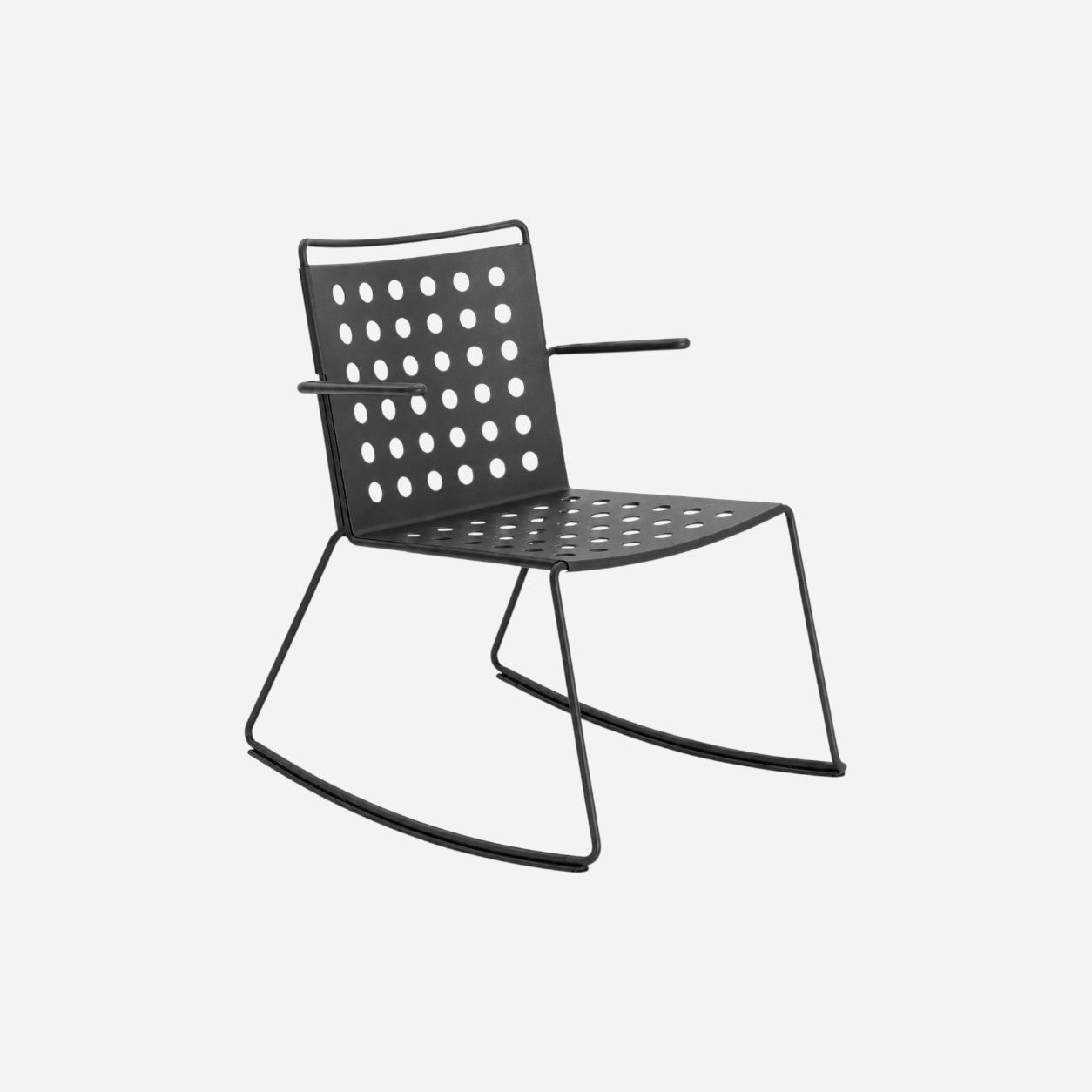 Addo Shop BUSY rocking chair in black metal with a perforated seat and backrest and modern armrests.