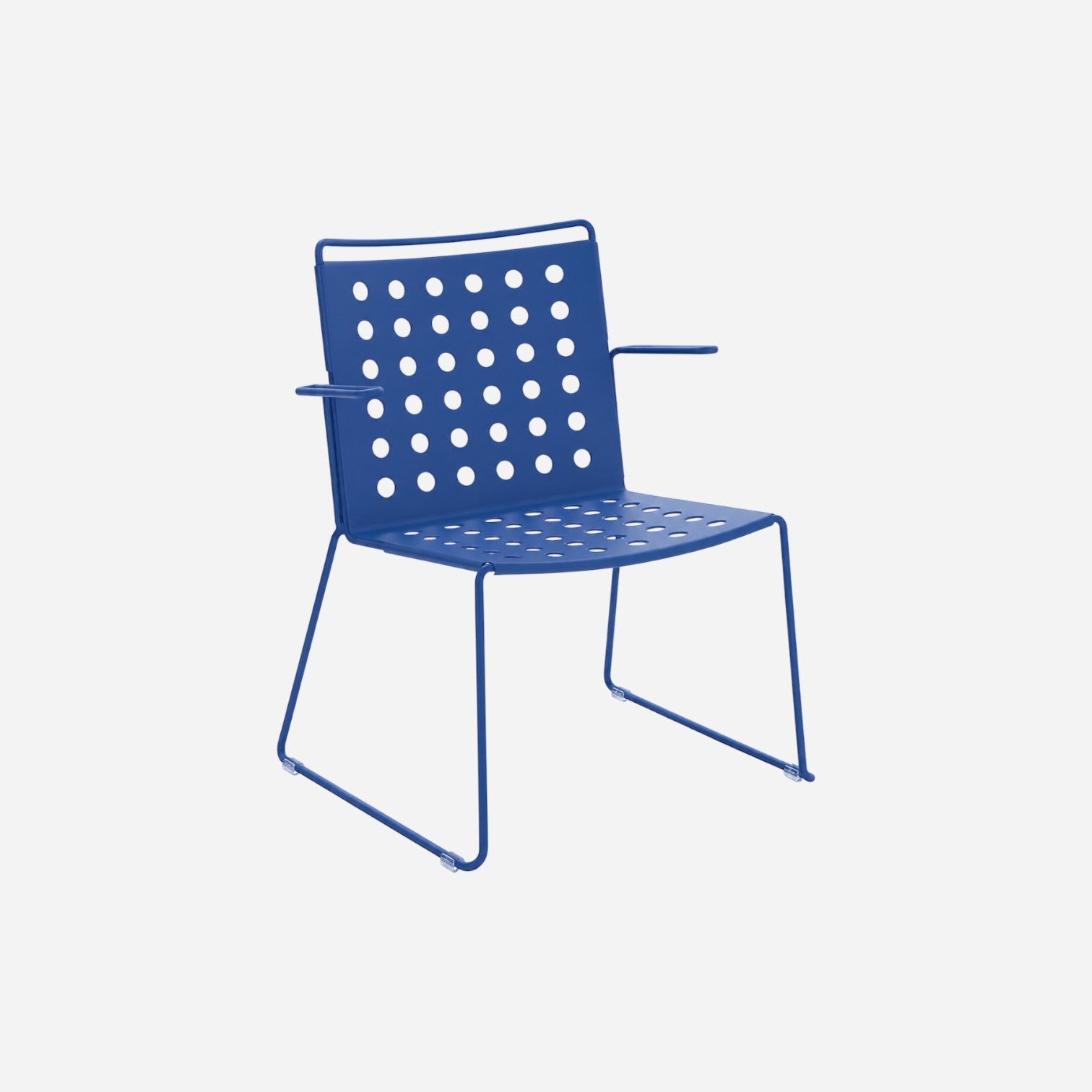 Addo Shop BUSY chair with arms in blue metal with a perforated seat and backrest design.