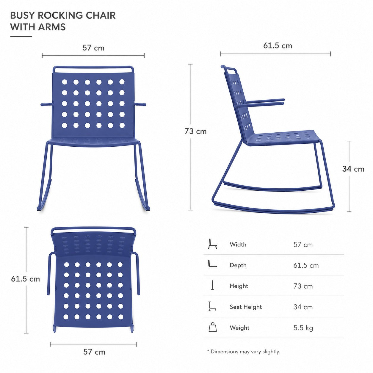 Addo Shop BUSY rocking chair in blue with perforated metal design, shown with dimensions and technical specifications.