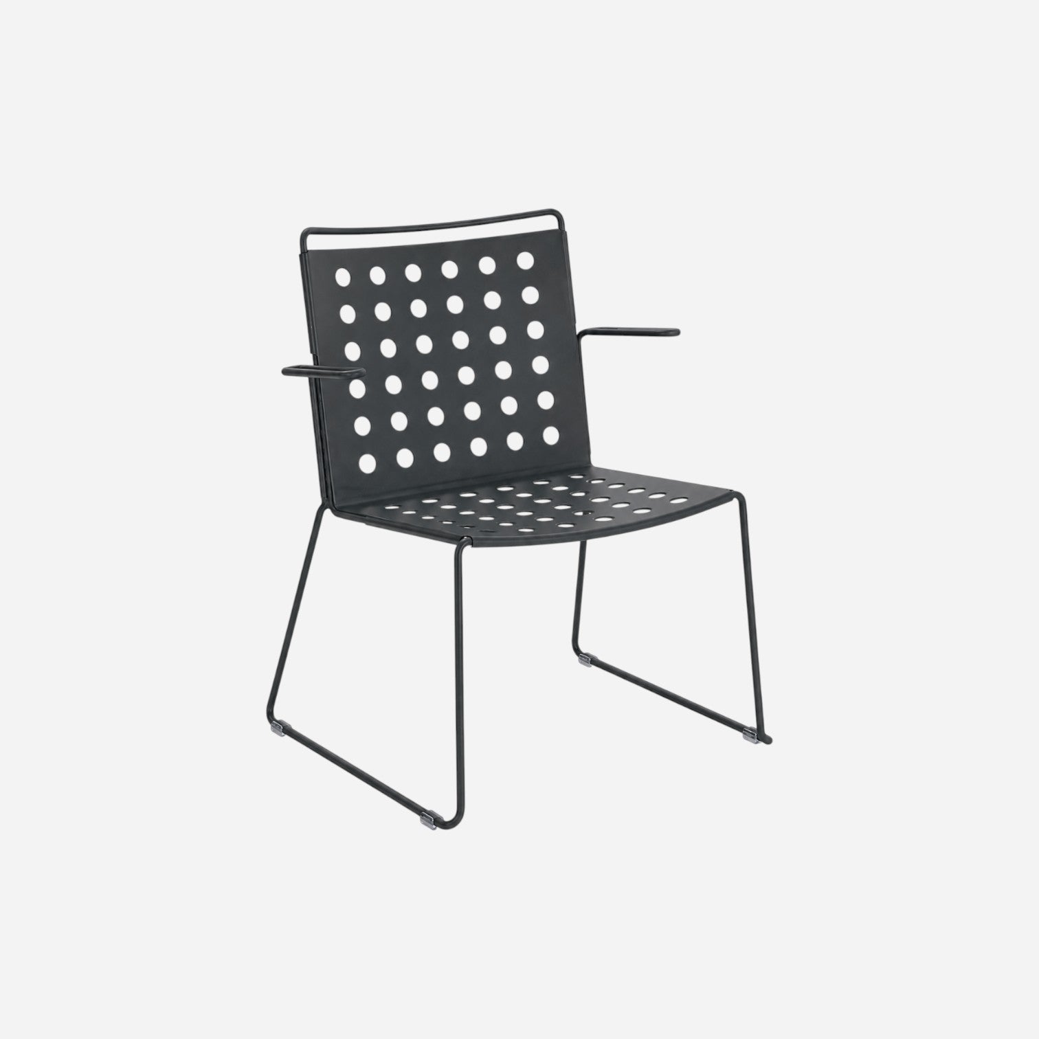 Addo Shop BUSY chair with arms in matte black metal featuring a perforated seat and backrest design.