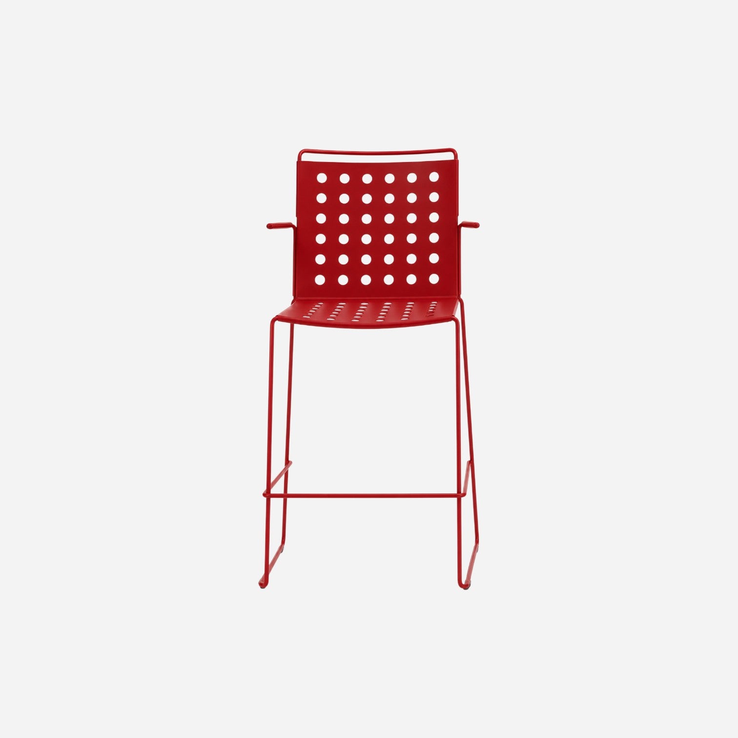 Addo Shop BUSY stool with arms in vibrant red, featuring a perforated metal backrest and seat for modern decor.