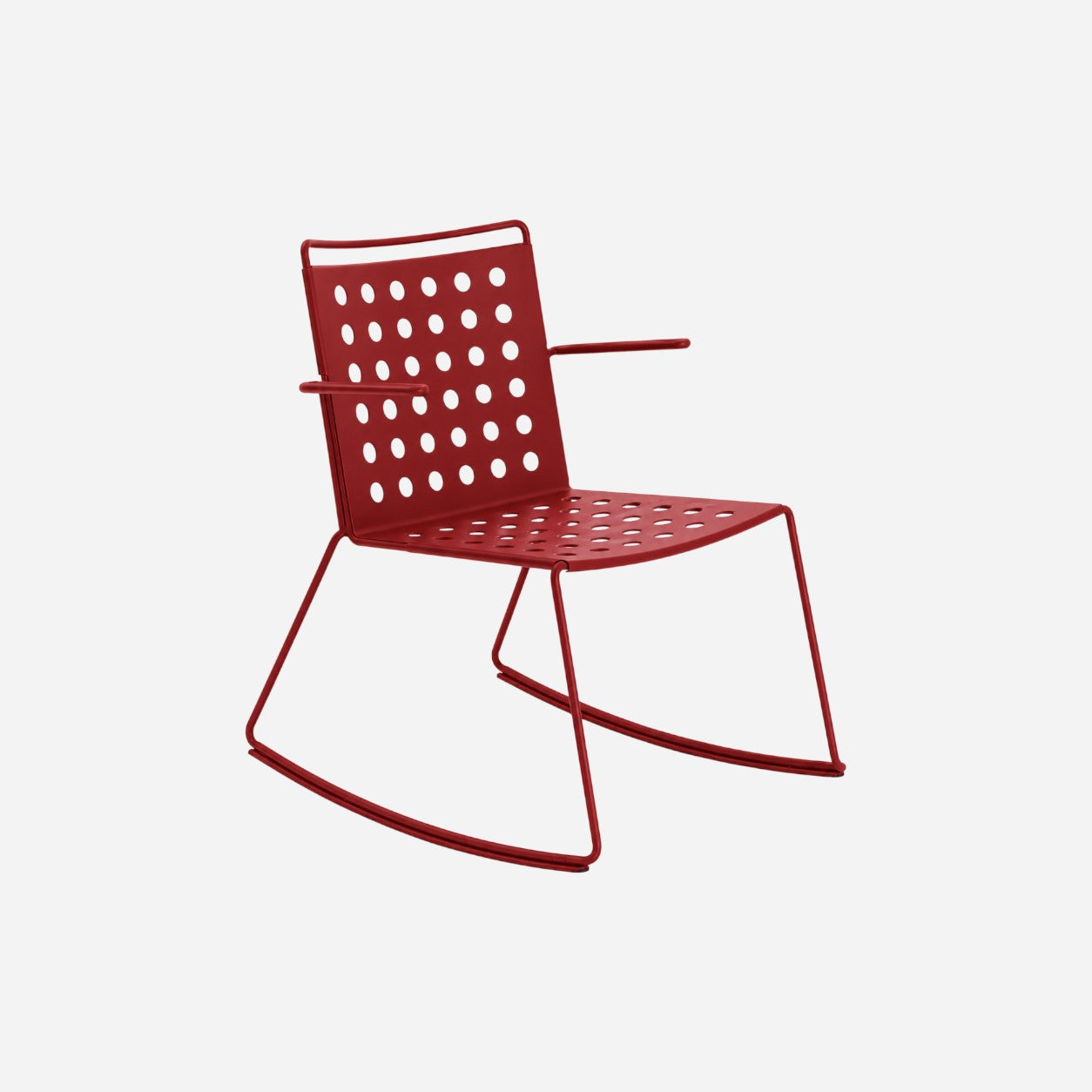 Addo Shop BUSY rocking chair in red metal with a perforated seat and backrest and modern armrests.