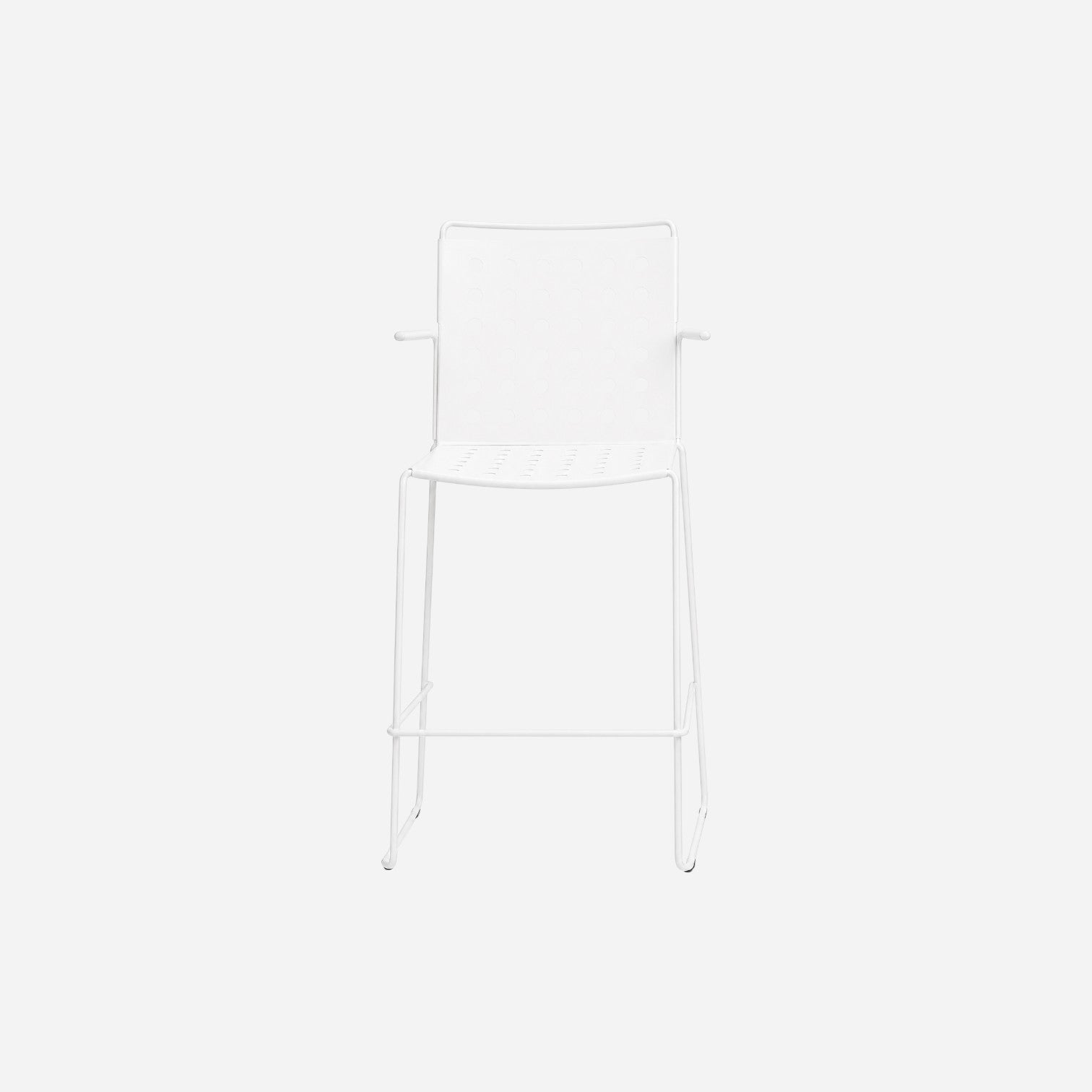 Addo Shop BUSY white metal bar stool with arms and a perforated backrest design for modern kitchen seating.