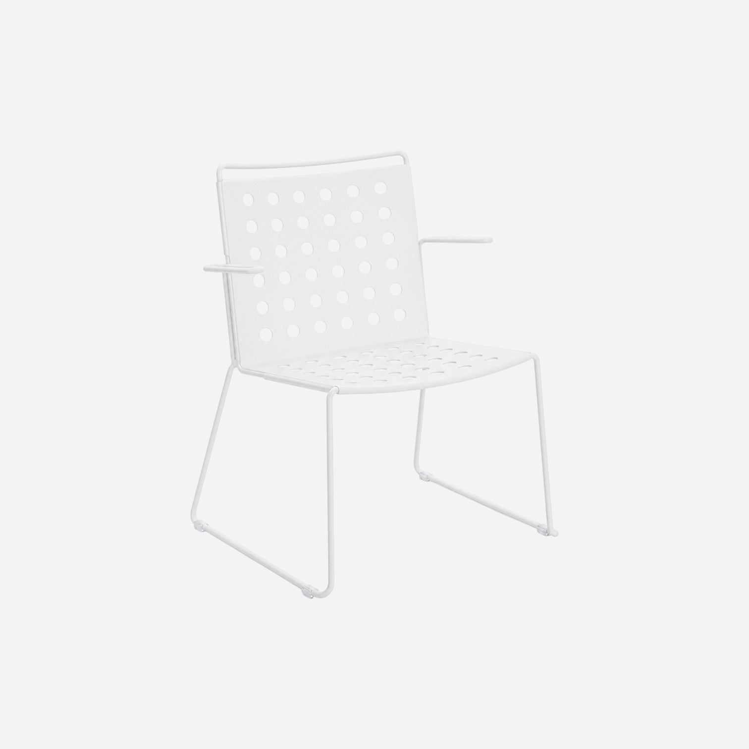 Addo Shop BUSY chair with arms featuring a modern white metal frame and perforated seat and backrest design.