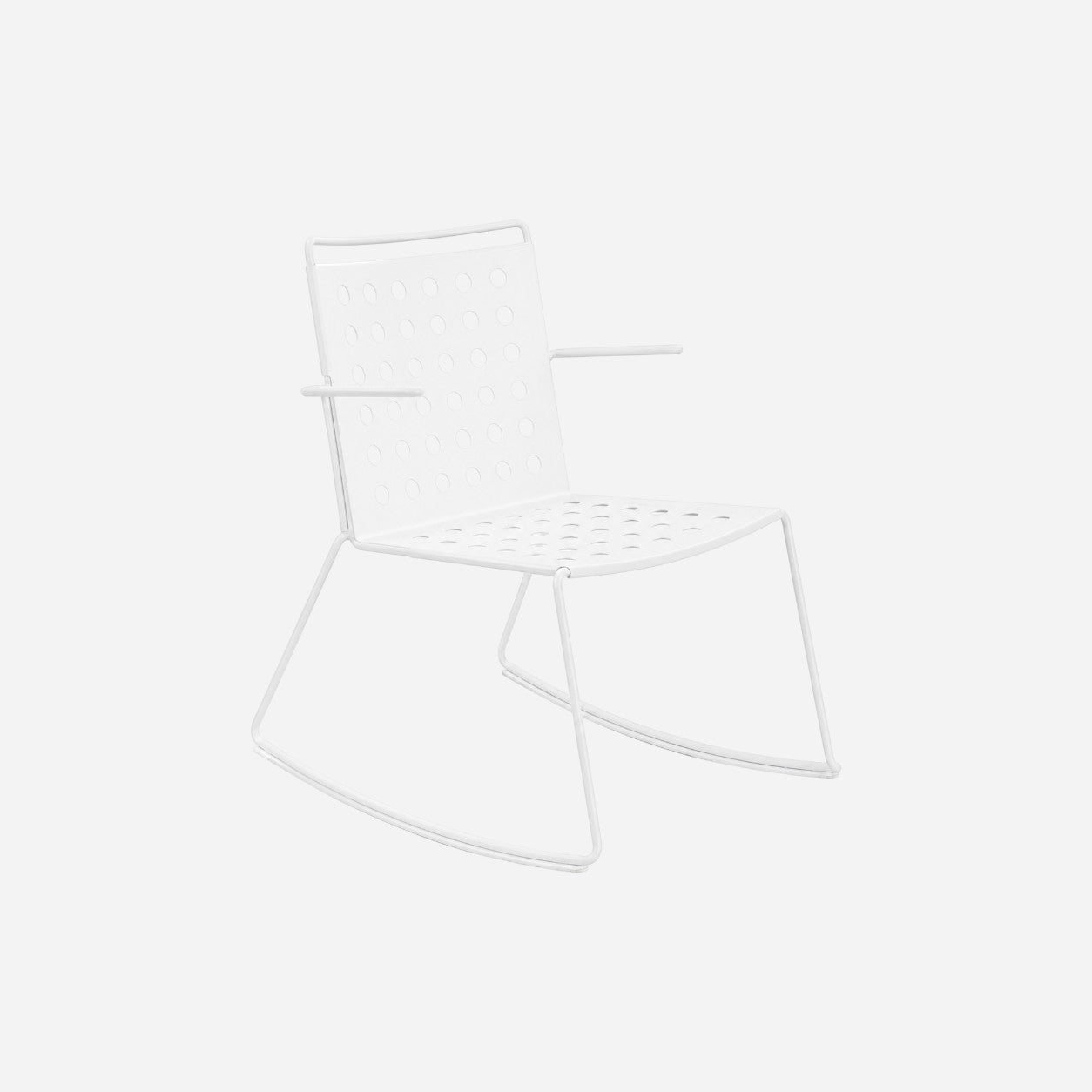 Addo Shop BUSY white metal rocking chair with perforated seat and backrest and minimalist armrests.