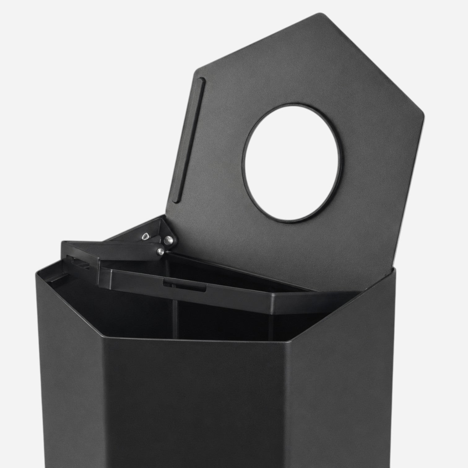 Caimi Binz 70L black metal recycling bin with a hinged lid for public spaces, sold at Addo Shop.