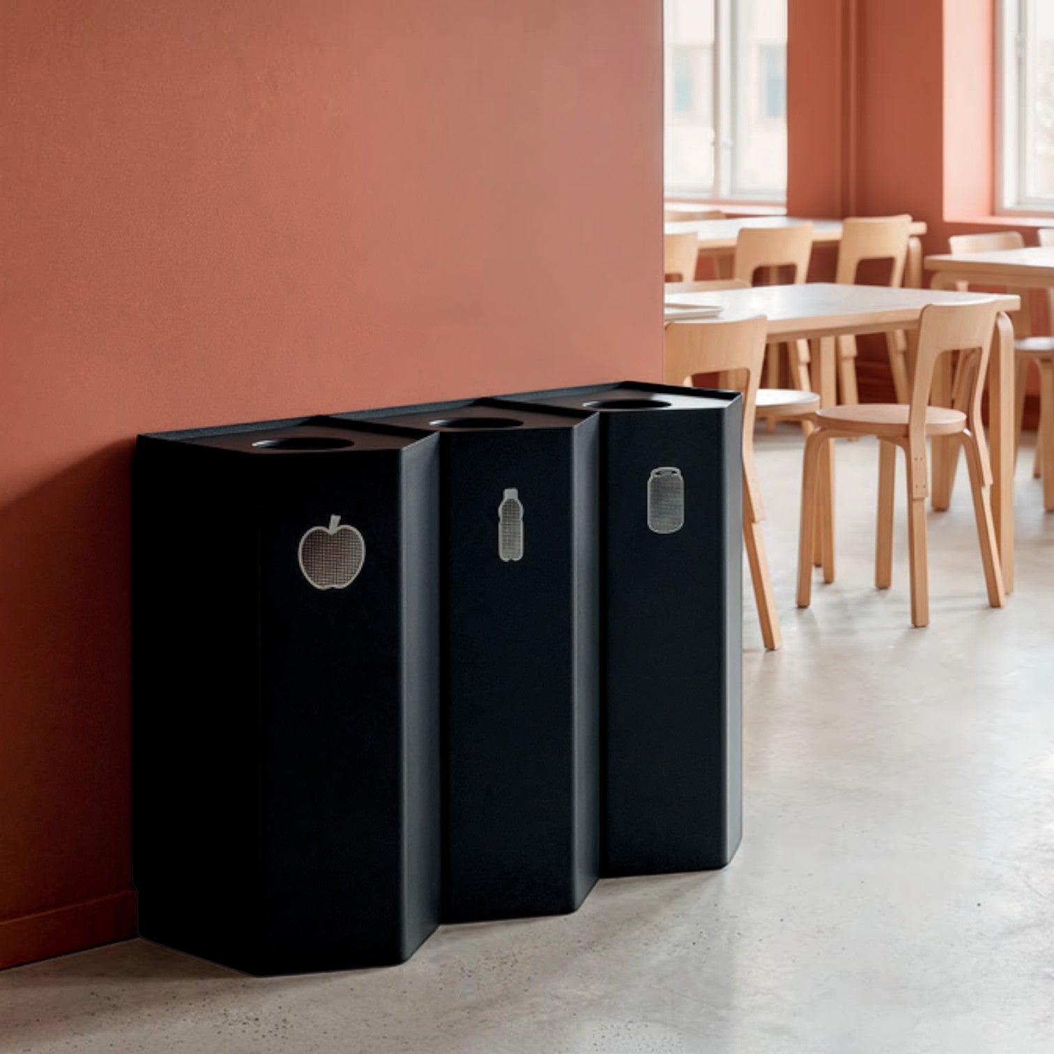 Addo Shop Caimi Binz 70L black recycling station with waste sorting icons for office or public space use.