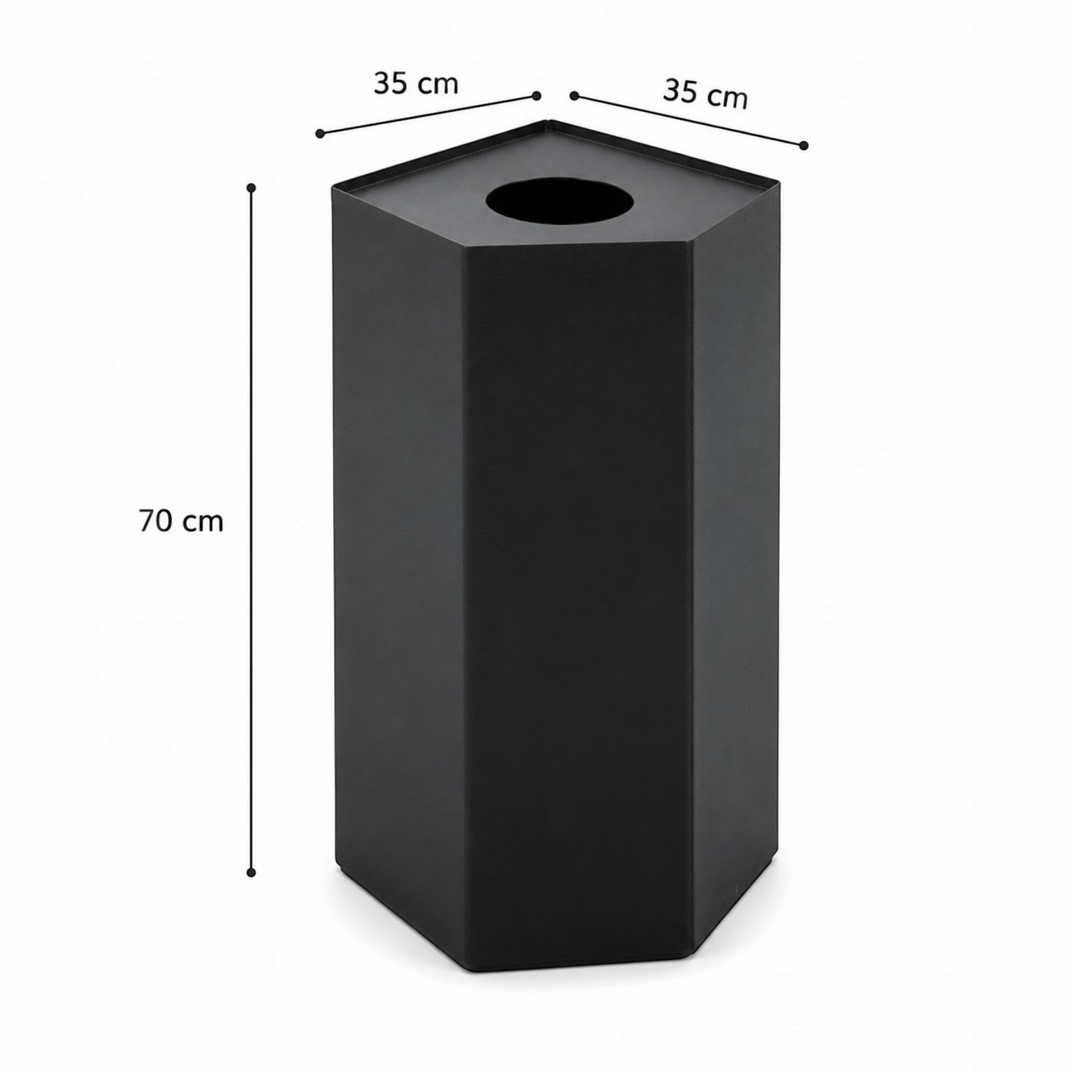 Addo Shop Caimi Binz 70L black hexagonal metal recycling bin for outdoor and office use with dimensions.