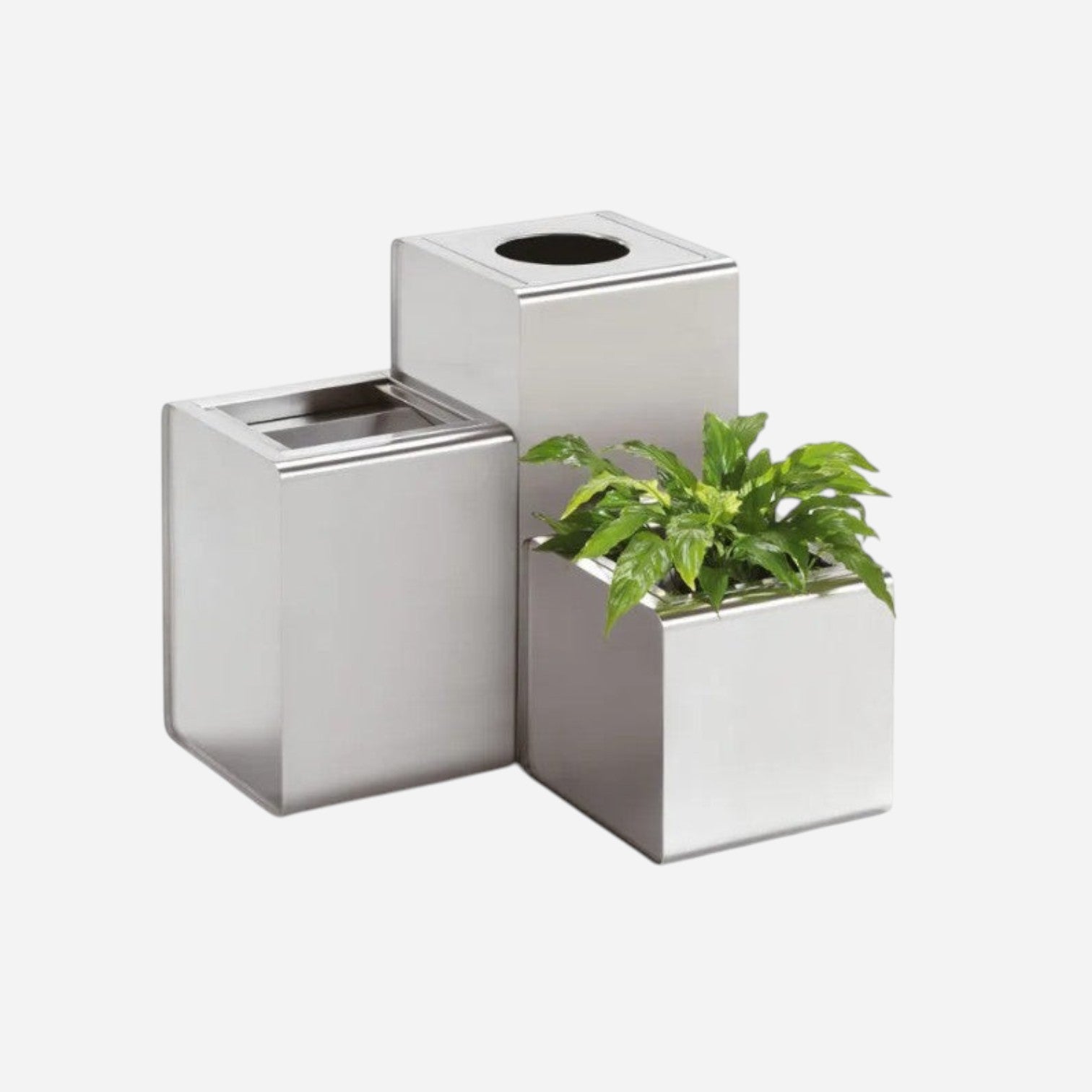Addo Shop Caimi Prisma modular silver metal recycling bin and planter set for modern office or public spaces.