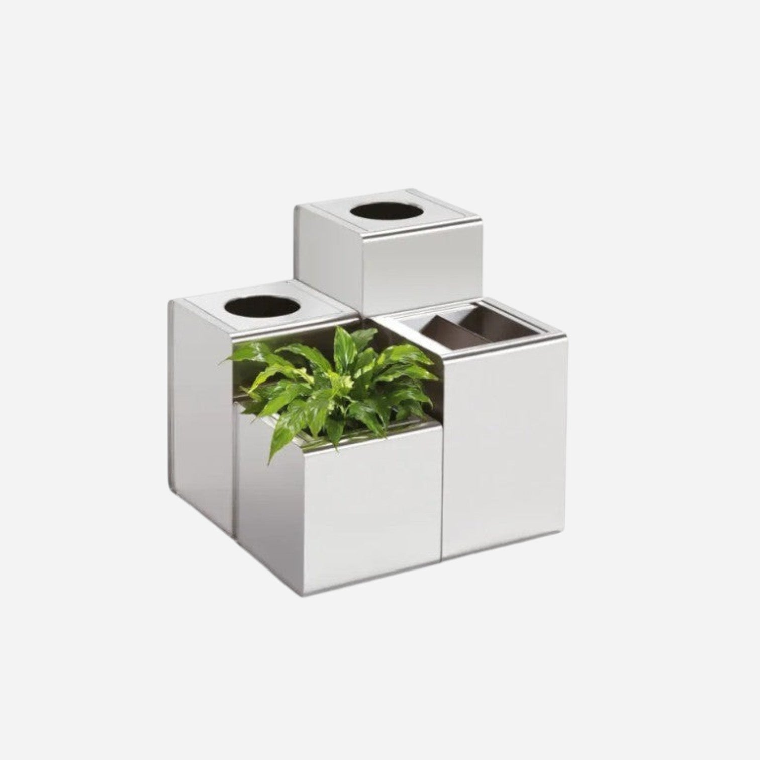 Caimi Prisma modular recycling bin system in silver metal with integrated planter, sold by Addo Shop.