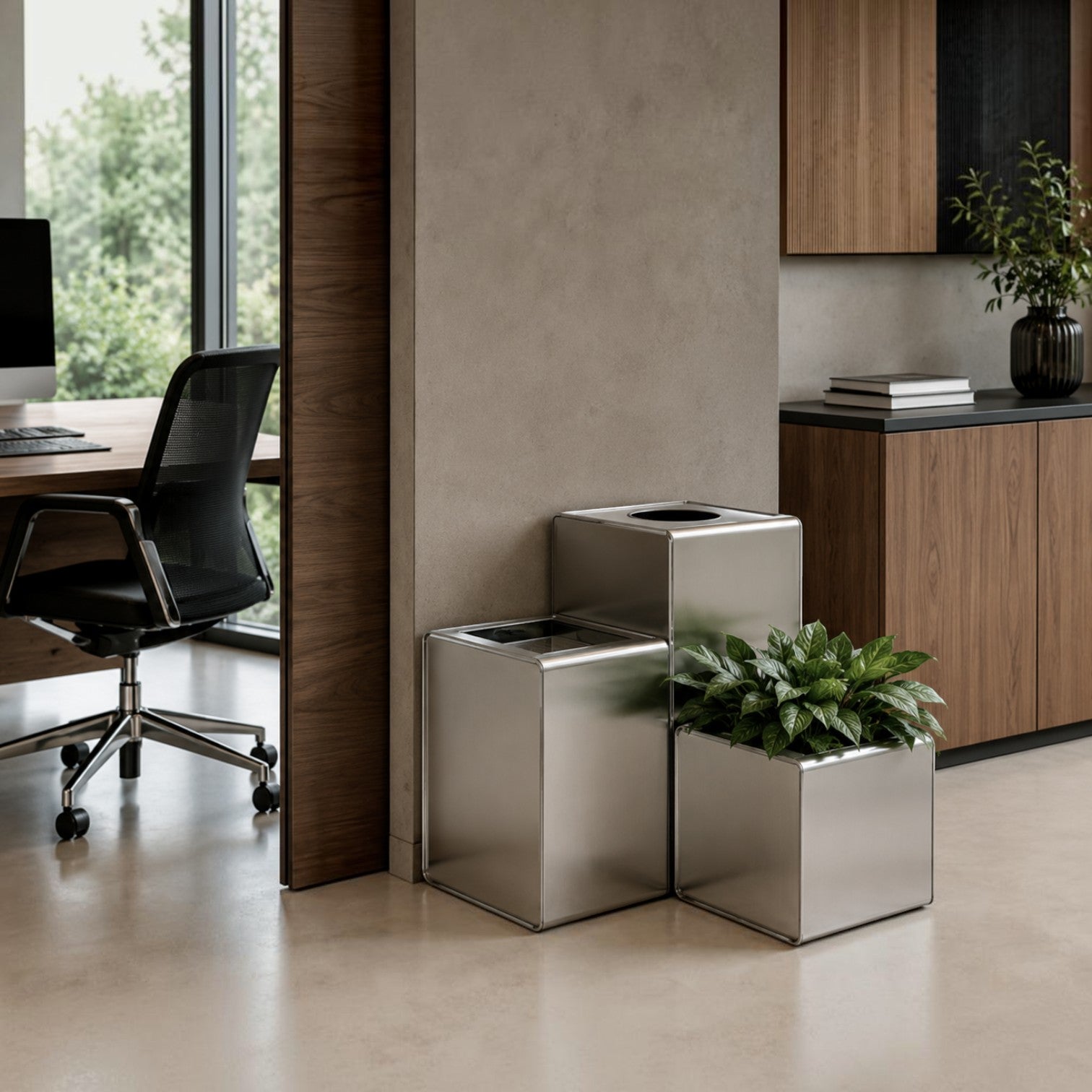 Addo Shop Caimi Prisma metal recycling bin set with integrated planter in a modern office interior.