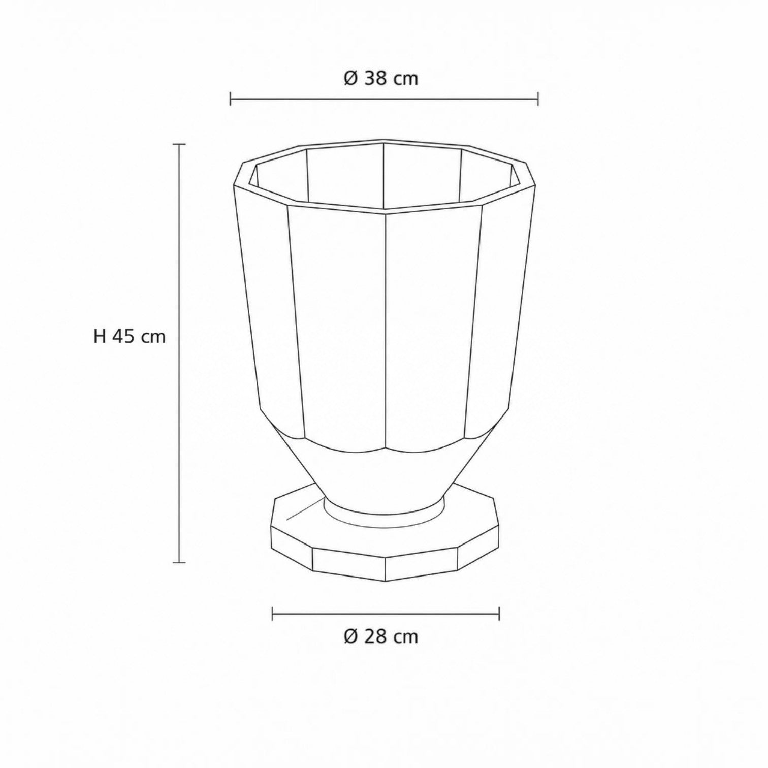 Addo Shop Caimi RECYCLED planter with technical line drawing showing 45cm height and 38cm diameter dimensions.