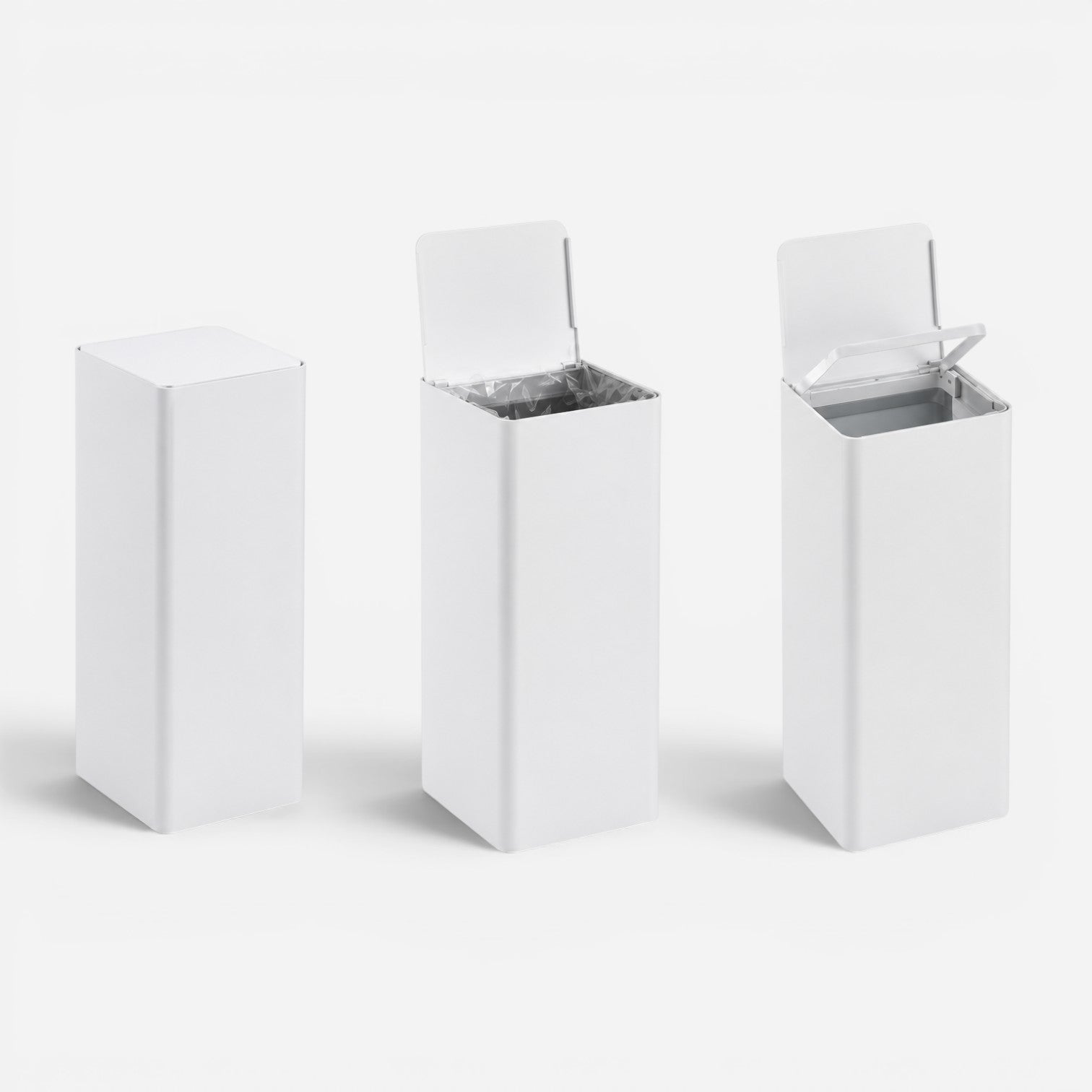 Addo Shop Centolitri 100L white rectangular waste bin with a hinged lid, shown closed and open.