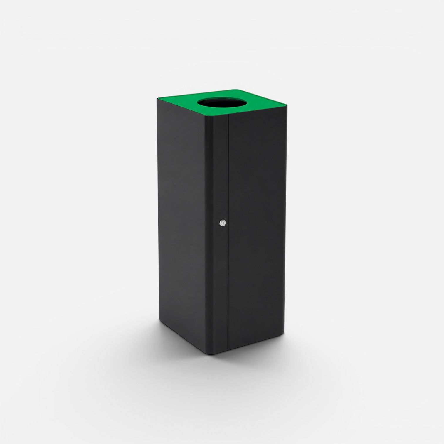 Addo Shop Centolitri Lock 100L recycling bin in matte black with a bright green top and secure key lock mechanism.