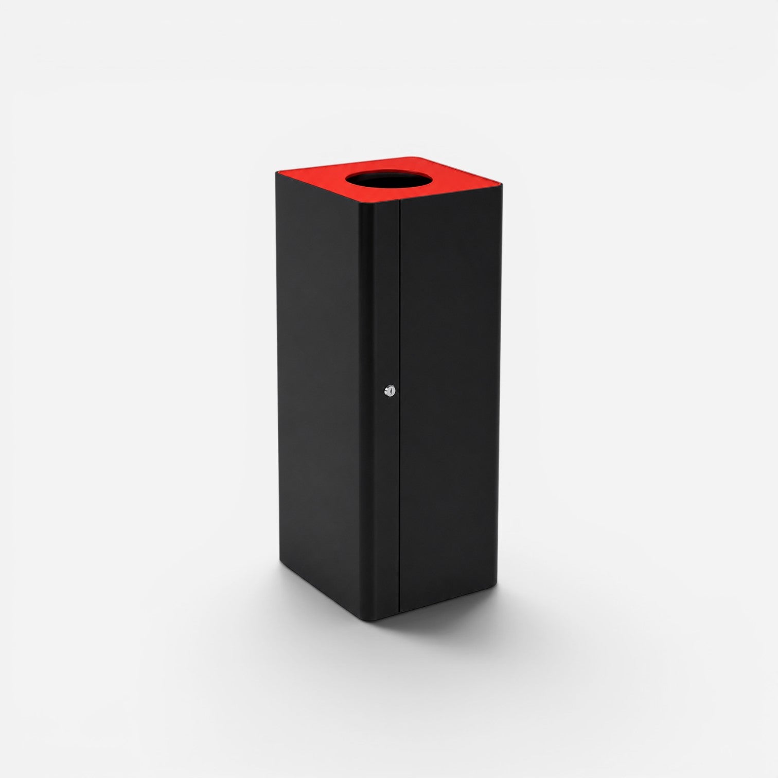 Addo Shop Centolitri 100L black recycling bin with a red top and secure locking mechanism for office waste management.