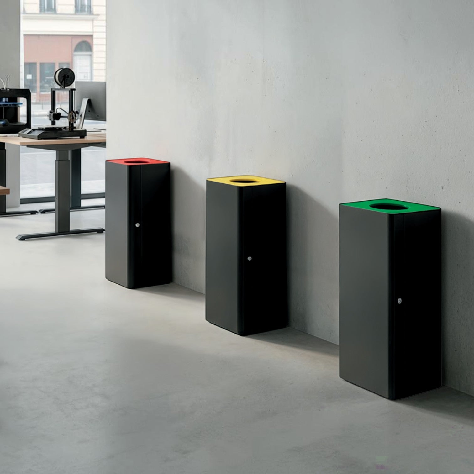 Addo Shop Centolitri Lock 100L recycling bins in black with red, yellow, and green circular top openings for sorting.