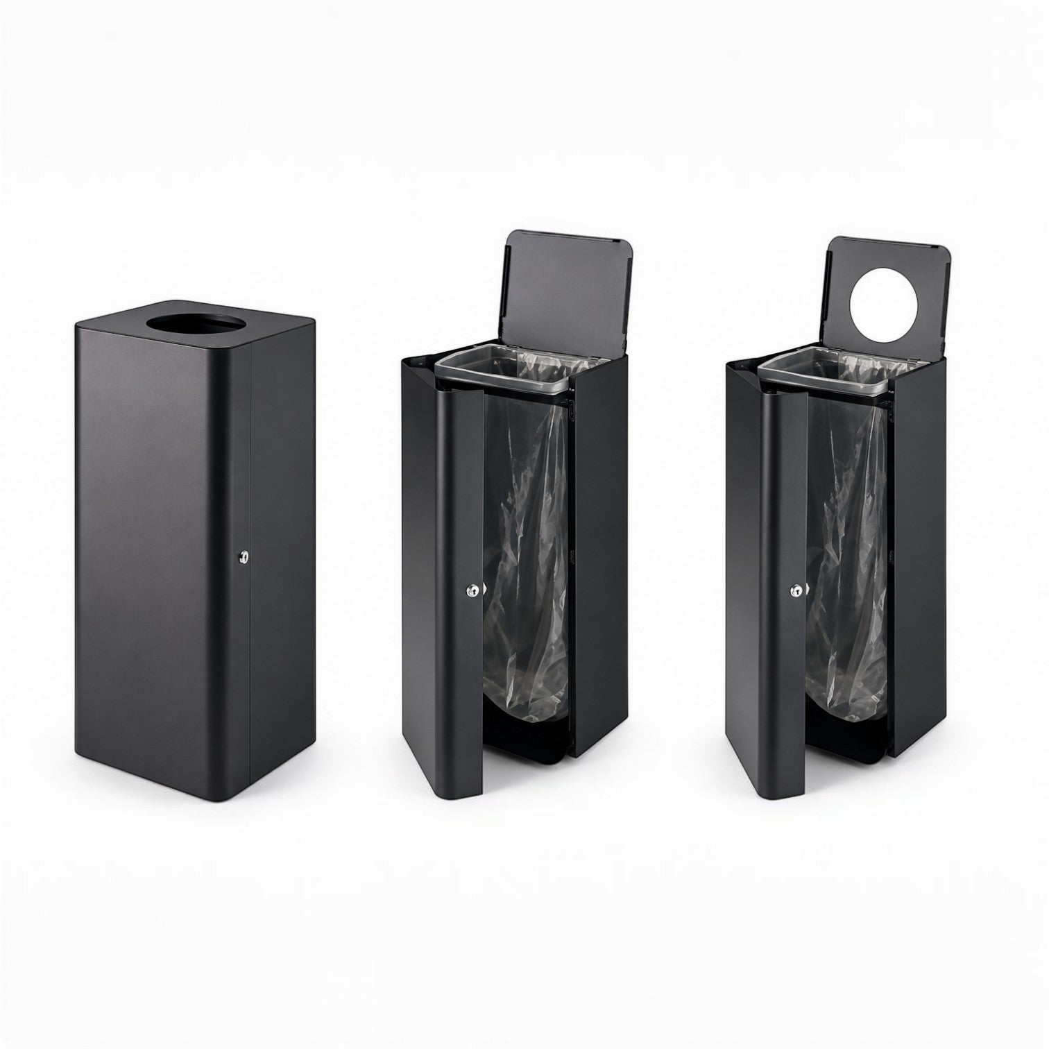 Addo Shop Centolitri Lock 100L black metal recycling bin with a secure front door and internal waste bag liner.