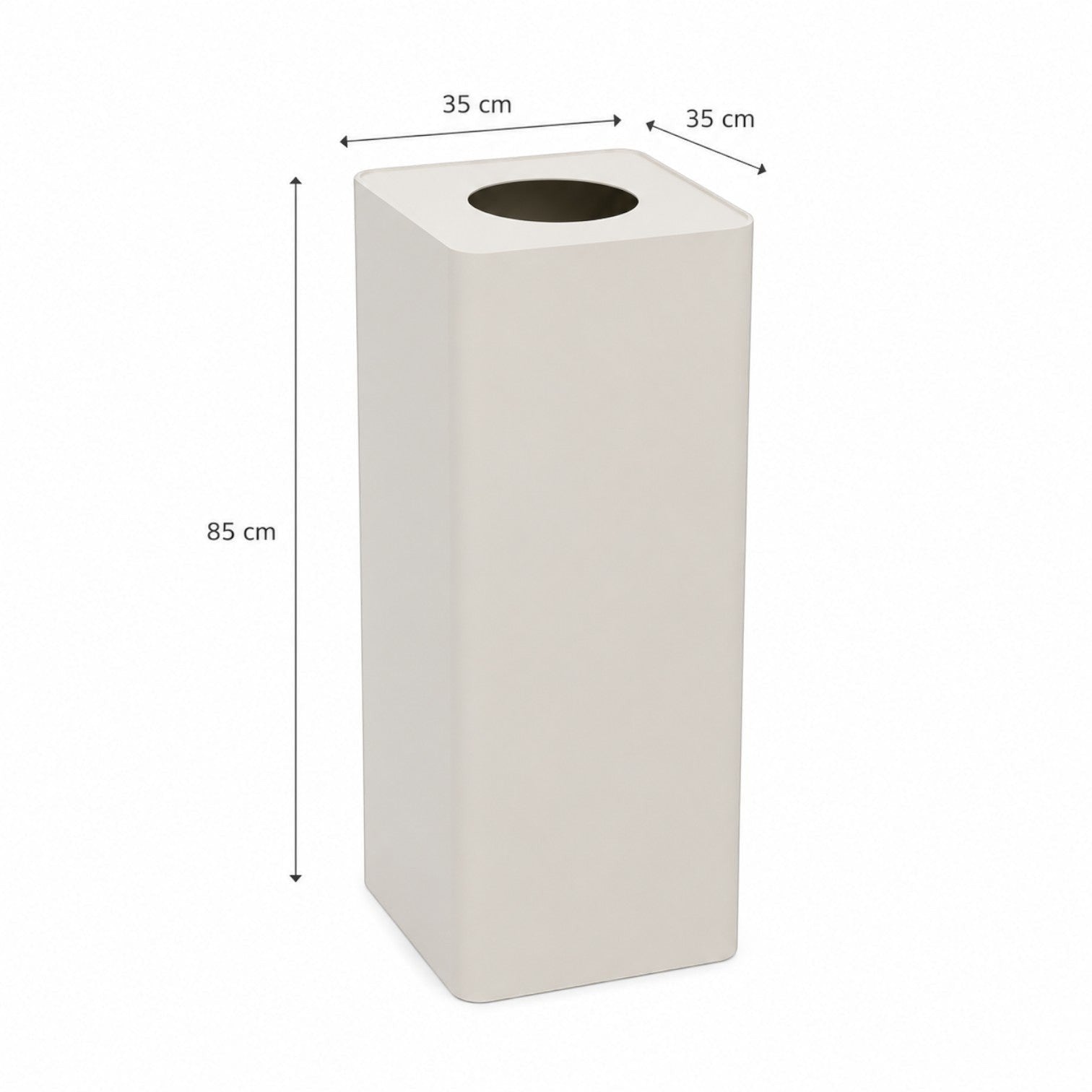 Addo Shop Centolitri 100L square recycling bin in matte beige with a circular top opening and dimension labels.