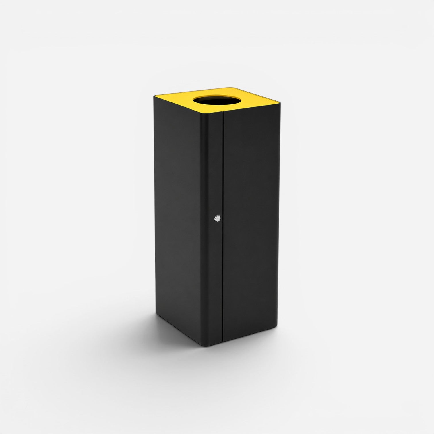 Addo Shop Centolitri 100L black recycling bin with a bright yellow top and secure locking mechanism.