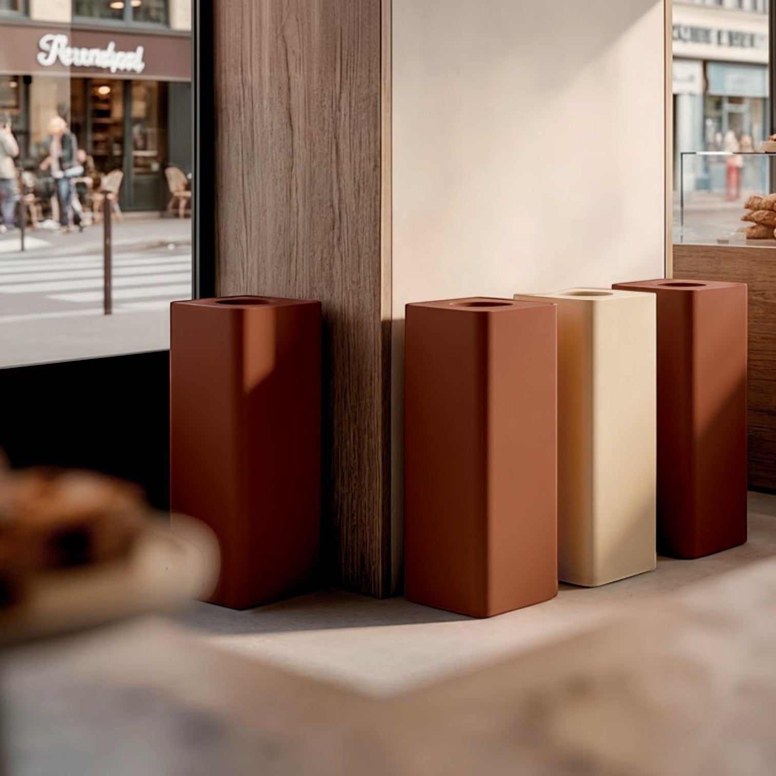Addo Shop Centolitri 100L recycling bins in terracotta and cream, featuring a sleek, modern square design.