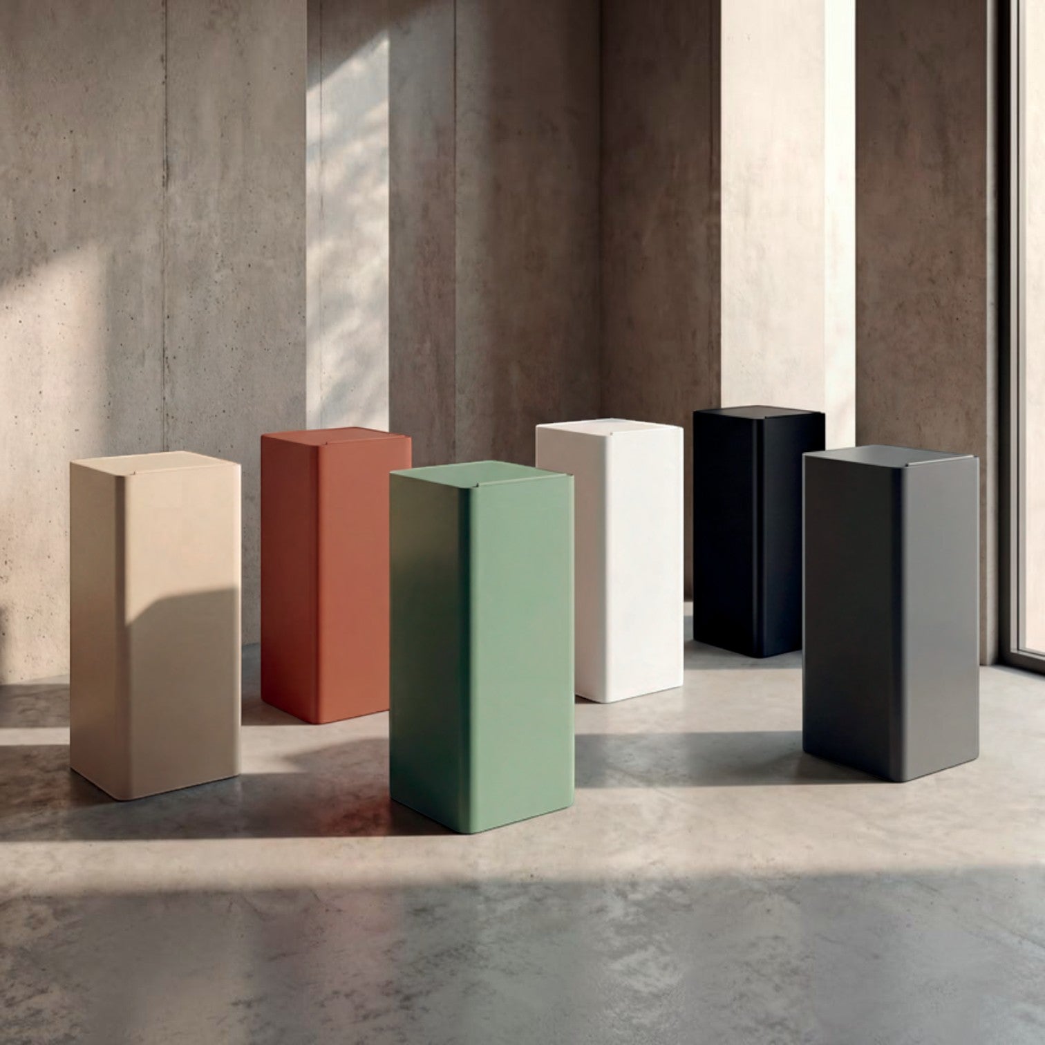Addo Shop Centolitri 100L waste bins in various matte colors, featuring a minimalist rectangular design.