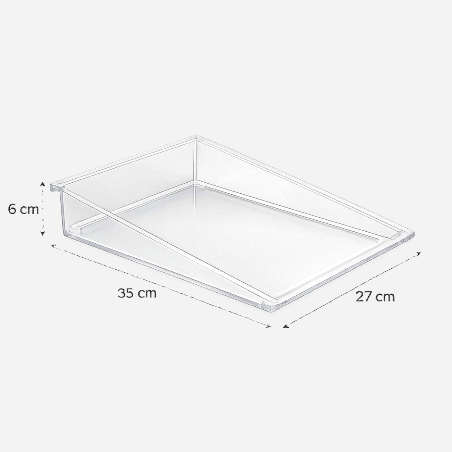 Addo Shop clear acrylic landscape desk-up letter tray for office document organization with dimensions 35x27x6 cm.